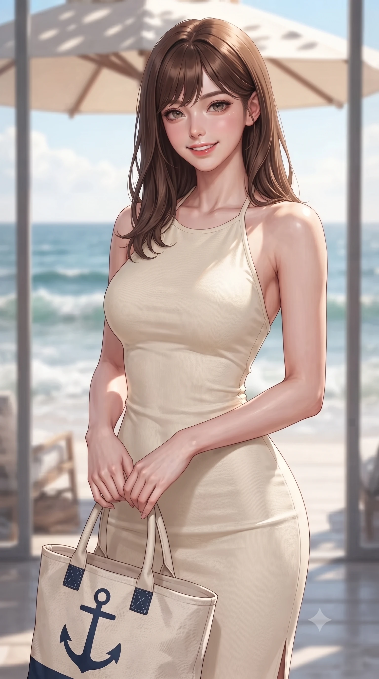 score_9, masterpiece, best quality, ultra-detailed, high-budget anime keyframe, editorial fashion photography, tasteful artistic composition, Korean woman. close-up cowboy shot from the waist and thighs up, the character dominates the composition, filling the frame with her large presence, background elements kept in soft focus. smiling with cute and bright self-assurance, looking directly at the viewer set against a soft-focus background of inside a modern glass beach house looking out at the ocean waves holding a cute canvas tote bag with a nautical anchor print. She has an exceptionally elegant, slender, and willowy female figure with an ultra-slim waist, a gracefully sculpted slender torso, and a refined silhouette. sharp v-shaped jawline, high-bridge nose, intricate jewel-like eyes with depth, thick eyelashes, glossy lips with a natural sheen. wearing slim-fit sleek, tight-fitting knit halter dress in cream, tracing her slender silhouette. dappled sunlight filtering through a beach umbrella onto her shoulders. ultra-reflective glossy finish, specular highlights, metallic sheen, high-contrast stereoscopic depth, volumetric dynamic lighting, 2k, ultra detail, master piece, 9:16 ratio