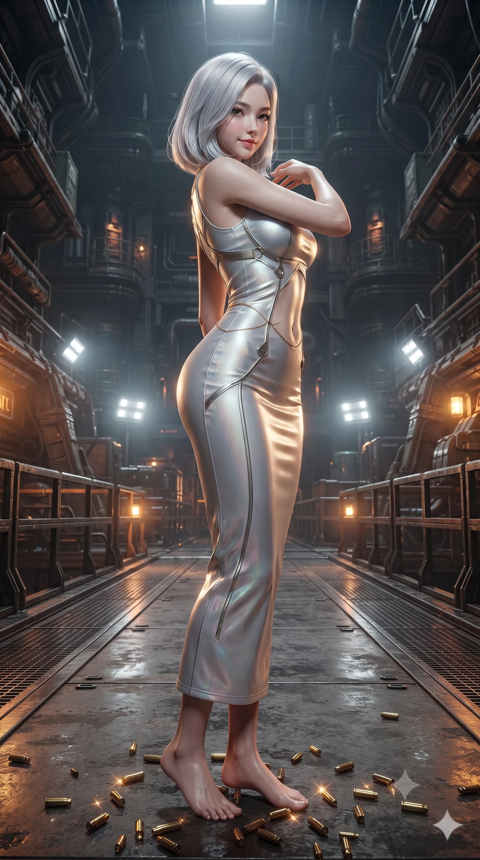 score_9, masterpiece, best quality, ultra-detailed, high-budget anime keyframe, editorial fashion photography, tasteful artistic composition, Korean woman. low angle full-body shot from head to toe showing her feet, filling the entire 9:16 vertical frame with her statuesque presence, stretching her vertical silhouette. executing a slow, graceful pivot turn as her skirt sways around her slender legs, glancing back with an enchanting, teasing sensual expression while twisting her slender torso in an alluring S-curve as spent brass shell casings glint at her feet, amber strobe lights dancing across her flat midriff and hips. The surrounding environment is rendered in vivid detail and crisp panoramic clarity: detailed tactical coat texture, combat webbing accents, and monumental subterranean fortress engineering in high resolution. She has an exceptionally tall and slender model-like 8.5-heads proportion, an ultra-slim waist, a flat toned midriff, narrow delicate ribcage, and beautifully sculpted feminine hips creating a graceful, slim hourglass silhouette without any bulky heaviness, with impossibly long slender legs. sharp v-shaped jawline, high-bridge nose, intricate jewel-like sparkling eyes with depth, thick eyelashes, glossy parted lips with a natural peach sheen, bright cheerful beaming smile with an enchanting and coquettish sensual glint, exuding both youthful cute charm and seductive allure, flawlessly proportioned anatomical accuracy, strict slender model proportions, natural body alignment, perfectly sculpted long slender limbs, ultra-slim waistline, clean dynamic posture without body distortion. wearing a tailored liquid velvet combat sheath dress with subtle metallic piping following her feminine curves without bulk in iridescent mother-of-pearl and liquid molten silver, crafted from fluid liquid silk satin that clings smoothly to her narrow waist and rounded hips with a dewy sheen, accented with a dainty gold belly chain resting across her flat midriff and curving hips, the liquid-tight tailored fabric clinging flawlessly to her narrow waist and rounded feminine hips, emphasizing every millimeter of her sculpted slim hourglass curves without any bulky heaviness. bathed in high-contrast industrial amber hazard lighting combined with cool white work floodlights. ultra-reflective glossy finish, specular highlights, rich textural contrasts, high-contrast stereoscopic depth, volumetric dynamic lighting, 2k, ultra detail, master piece, 9:16 ratio