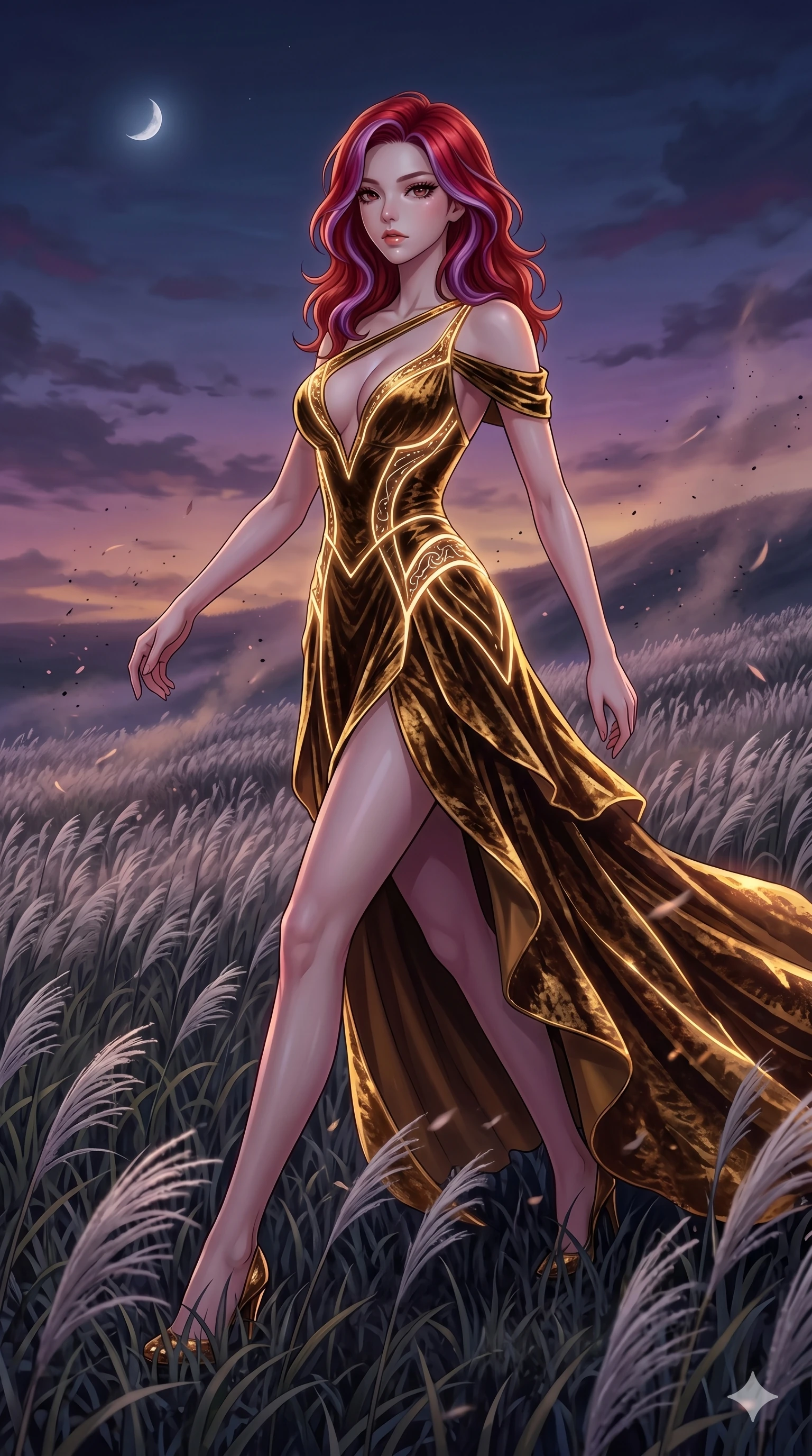 score_9, masterpiece, best quality, ultra-detailed, High-budget Anime Keyframe, East Asian woman. Dynamic full-body shot stretching the vertical silhouette to the limit. Scenario 268: Walking through a field of tall silver grass at twilight. Her presence is magnetic and overpowering in this high-budget anime scene. Outfit 268: A crushed dark velvet gold with a low-cut shoulder and glowing LED seams. The clothing is designed to emphasize her exceptionally tall and slender 8-heads proportion. 8-heads proportion, towering silhouette, ultra-slim waist. sharp v-shaped jawline, intricate jewel-like eyes with depth, thick eyelashes, glossy lips. 2k, ultra detail, master piece, 9:16 ratio