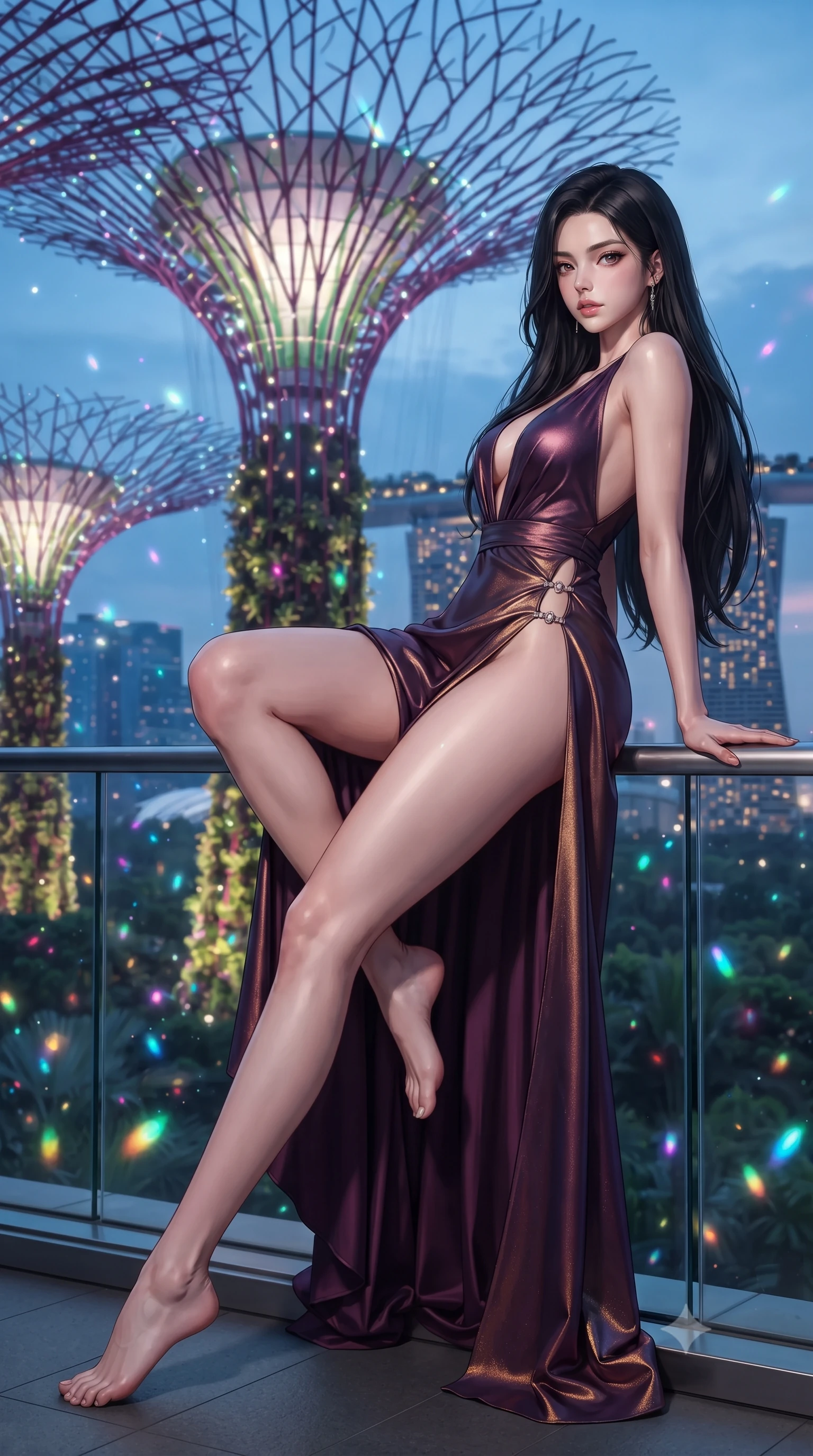 score_9, masterpiece, best quality, ultra-detailed, high-budget anime keyframe, editorial fashion photography, tasteful artistic composition, Korean woman. low angle full-body shot from head to toe showing her feet, filling the entire 9:16 vertical frame with her statuesque presence, stretching her vertical silhouette. reclining on her side in an elegant Cleopatra pose with one knee drawn up, the dramatic contour of her rounded hips and long slender legs commanding the 9:16 vertical frame while leaning forward over the transparent skyway glass railing with hips cocked back, looking back over her shoulder as glowing supertree branches illuminate her curvy hips. The composition keeps background elements in soft focus with creamy bokeh. bioluminescent plant spores and city skyline reflections scattering vibrant chromatic light motes. She has an exceptionally tall and slender model-like 8.5-heads proportion, an ultra-slim waist, a flat toned midriff, narrow delicate ribcage, and beautifully sculpted feminine hips creating a graceful, slim hourglass silhouette without any bulky heaviness, with impossibly long slender legs. sharp v-shaped jawline, high-bridge nose, intricate jewel-like eyes with depth, thick eyelashes, glossy parted lips with a natural sheen, intensely captivating and seductive bedroom-eyes expression, flawlessly proportioned anatomical accuracy, strict slender model proportions, natural body alignment, perfectly sculpted long slender limbs, ultra-slim waistline, clean dynamic posture without body distortion. wearing a plunging-V neckline duchess satin gown with high side slits ascending to the high hip in deep plum violet and antique bronze, crafted from luxurious metallic lamé that shifts radiance with every step, finished with an ultra-high side slit secured by miniature jeweled clasps, the glove-like aerodynamic silhouette tightly following the natural contour of her hips and long slender legs with statuesque 8.5-heads elegance. surrounded by a visionary, electrifying, and breathlessly magnificent eco-metropolis queen aura. ultra-reflective glossy finish, specular highlights, rich textural contrasts, high-contrast stereoscopic depth, volumetric dynamic lighting, 2k, ultra detail, master piece, 9:16 ratio