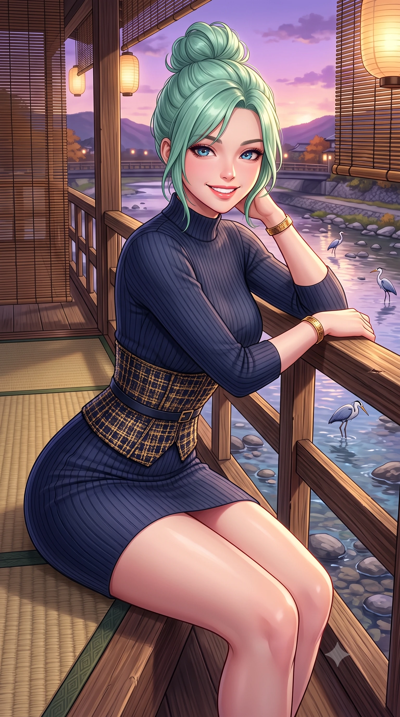 score_9, masterpiece, best quality, ultra-detailed, high-budget anime keyframe, semi-realistic 3D game render, editorial fashion photography, tasteful artistic composition, Japanese woman. close-up cowboy shot from the waist and thighs up, the character dominates the composition, filling the frame with her large presence. resting both elbows on the balustrade while leaning forward gracefully, her smile sparkling with youthful cute charm and seductive allure while sitting gracefully on a tatami mat at the open veranda edge, watching herons wade in the Kamogawa river with tranquil charm. The surrounding environment is rendered in vivid detail and crisp panoramic clarity: sharp weather-beaten cedar wood decking textures, river stones in clear shallow water, and bamboo lattice blinds in deep focus. She has an exceptionally elegant, slender, and willowy female figure with an ultra-slim waist, flat toned midriff, narrow ribcage, and sculpted feminine hips creating an alluring, slim hourglass silhouette without bulk. sharp v-shaped jawline, high-bridge nose, intricate jewel-like sparkling eyes with depth, thick eyelashes, glossy parted lips with a natural peach sheen, bright cheerful beaming smile with an enchanting and coquettish sensual glint, exuding both youthful cute charm and seductive allure, flawlessly proportioned anatomical accuracy, strict slender model proportions, natural body alignment, perfectly sculpted long slender limbs, ultra-slim waistline, clean dynamic posture without body distortion. wearing a form-contouring ribbed cashmere mock-neck knit bodycon dress clinging like a second skin, paired with a tailored tweed waist cincher in Ginza vintage brass gold and midnight navy, made of ultra-fine Mongolian cashmere with sleek glove-like elasticity contouring her silhouette, accented with delicate golden wrist cuffs reflecting warm chandelier light, the liquid-tight tailored fabric clinging flawlessly to her narrow waist and rounded feminine hips, emphasizing every millimeter of her sculpted slim hourglass curves without any bulky heaviness. bathed in the soft purple-gold twilight glow of autumn sunset over the Higashiyama mountains mixed with warm paper lantern lights. highly saturated vibrant anime colors, detailed shading with soft gradients, rich glossy textures, high-contrast stereoscopic depth, volumetric dynamic lighting, master piece, 9:16 ratio