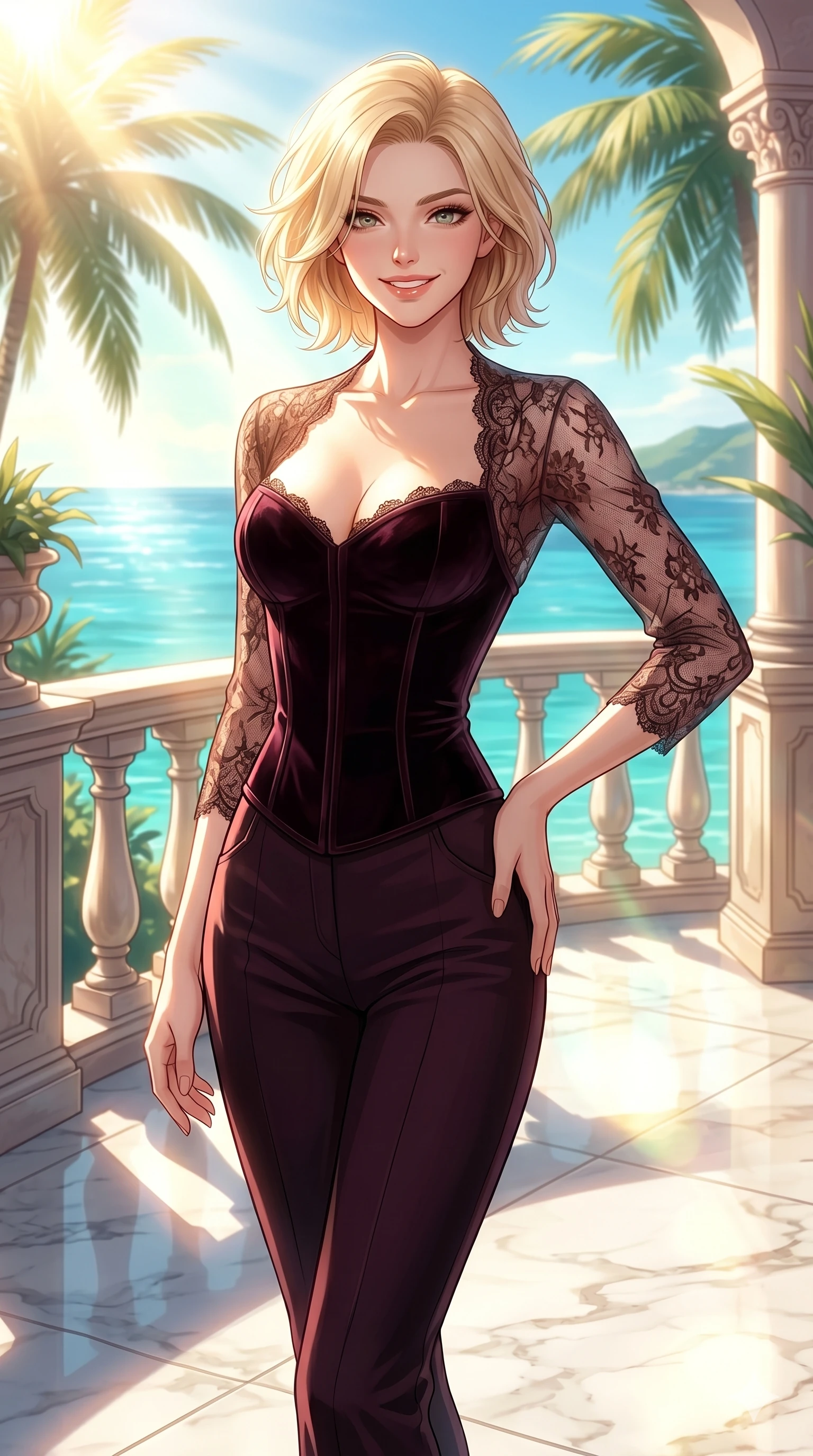 score_9, masterpiece, best quality, ultra-detailed, high-budget anime keyframe, vibrant anime aesthetic, Caucasian woman, strictly human ears. cowboy shot from the thighs up, character and outfit filling the frame for maximum presence. She is standing proud and tall, her face lit by a warm, lively smile of confidence on a sunlit marble terrace in a private bay (Code-P20-161). She has an absolutely perfect 8-heads proportion, an exceptionally tall and slender female figure with impossibly long slender legs and an ultra-slim waist. V-shaped jawline, high-bridge nose, intricate jewel-like eyes with depth, thick eyelashes, glossy lips with a natural sheen. wearing a dark velvet corset combined with a sheer lace shrug. She is bathed in brilliant, warm morning sunbeams creating sharp highlights on her form. 2k, ultra detail, master piece, 9:16 ratio