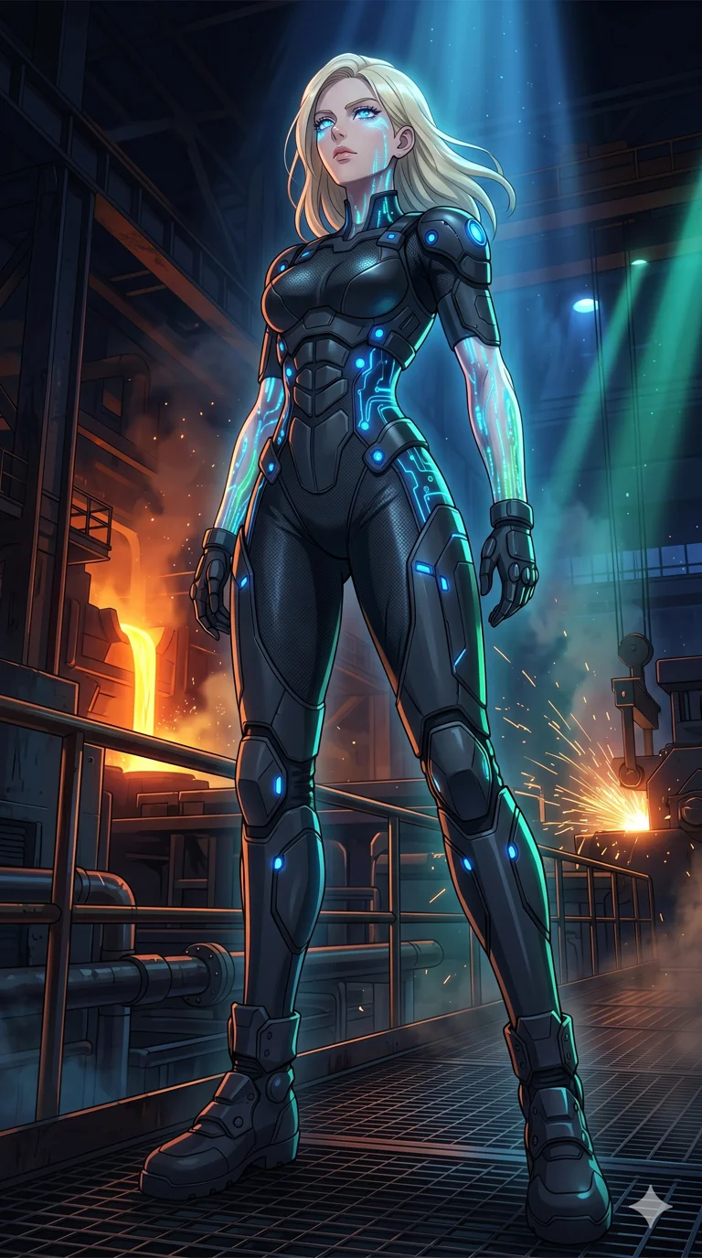 score_9, masterpiece, best quality, ultra-detailed, High-budget Anime Keyframe, vibrant colors, fluid line-art, expressive lighting, cinematic composition, Ufotable-style visual effects, top-tier animation quality, Caucasian woman with pale skin, blonde hair, and (strictly human ears). Cinematic low angle perspective showcasing her towering height and perfect 8-heads proportion. Merging her consciousness with a digital interface as rivers of data flow through her translucent skin and glowing eyes. She has an absolutely perfect 8-heads proportion, an exceptionally tall and slender female figure with impossibly long slender legs and an ultra-slim waist, her statuesque height and towering silhouette dominating the vertical 9:16 frame. Her face is a masterpiece featuring a sharp v-shaped jawline, high-bridge nose, intricate jewel-like eyes with depth, thick eyelashes, and glossy lips with a natural sheen. She is wearing a Sheer lace catsuit with strategically placed armor plating and glowing energy nodes crafted from Sheer silk that is almost transparent, flowing like water around her statuesque frame, with integrated neon-lit tactical gear and suggestive cutouts on the thighs. The scene is set in a gritty industrial factory with glowing molten metal, flying sparks, and deep shadows, illuminated by volumetric light beams cutting through a hazy atmosphere, creating a sense of depth. 2k, ultra detail, master piece, 9:16 ratio