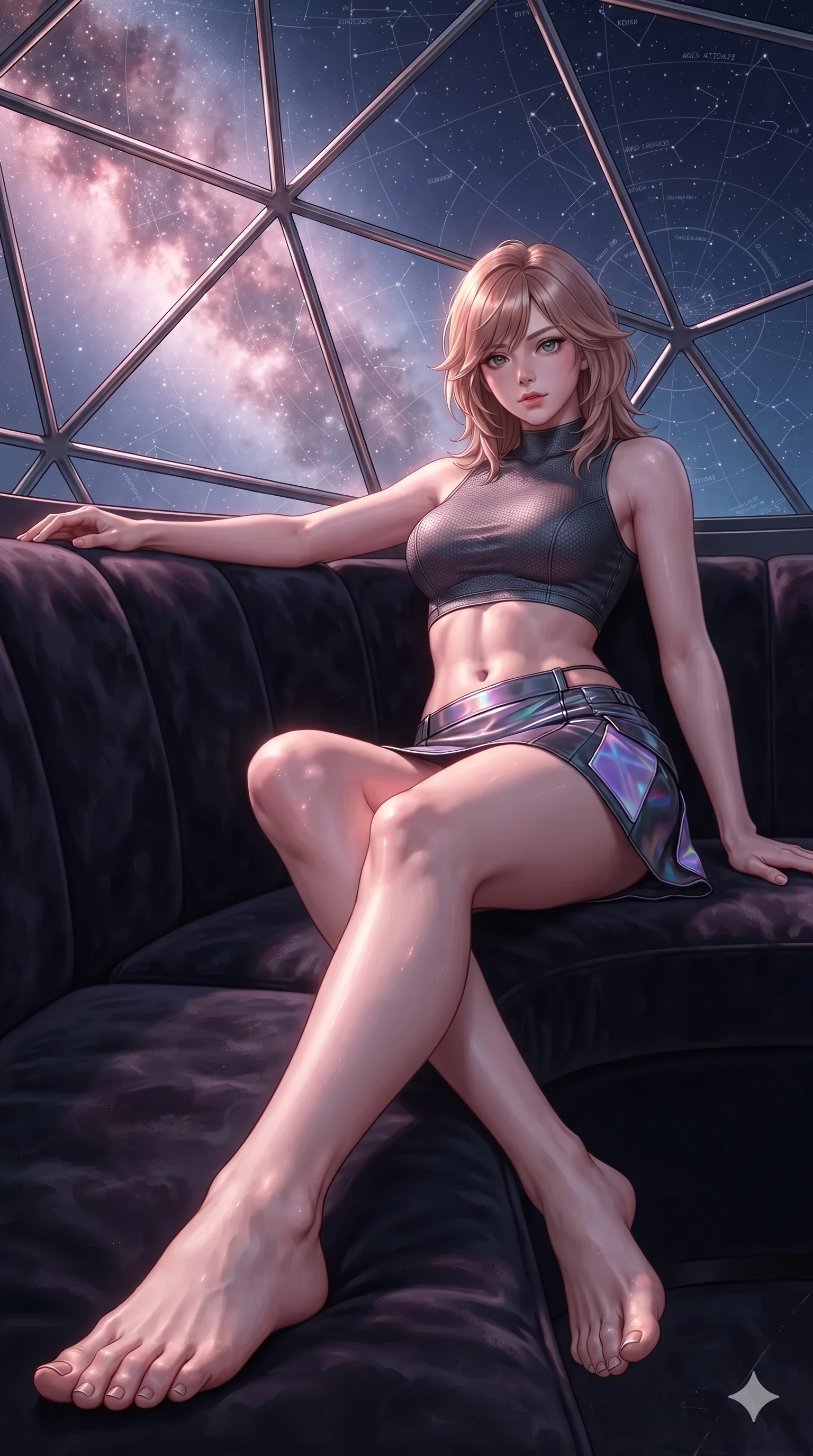 score_9, masterpiece, best quality, ultra-detailed, high-budget anime keyframe, editorial fashion photography, tasteful artistic composition, Korean woman. low angle full-body shot from head to toe showing her feet, filling the entire 9:16 vertical frame with her statuesque presence, stretching her vertical silhouette. lounging in a plush velvet VIP booth propped on one elbow with legs crossed, flashing an intoxicating smile with parted glossy lips while twisting her slender torso in an alluring S-curve, glowing stellar clouds painting luminous rose-gold highlights across her flat midriff and hourglass curves. The surrounding environment is rendered in vivid detail and crisp panoramic clarity: sharp geodesic dome frame struts, micro-etched star map coordinates, and polished chrome bench curves in deep focus. She has an absolutely perfect, statuesque 8.5-heads proportion, an exceptionally tall and slender model-like female figure with impossibly long slender legs, an ultra-slim waist, a flat toned midriff, narrow delicate ribcage, and beautifully sculpted feminine hips creating a graceful, slim hourglass silhouette without any bulky heaviness. sharp v-shaped jawline, high-bridge nose, intricate jewel-like sparkling eyes with depth, thick eyelashes, glossy parted lips with a natural sheen, bright confident smile with an enchanting and coquettish sensual glint, exuding both youthful magnetic charm and sovereign high-tech allure, flawlessly proportioned anatomical accuracy, strict slender model proportions, natural body alignment, perfectly sculpted long slender limbs, ultra-slim waistline, clean dynamic posture without body distortion. wearing a body-hugging modern carbon-alloy crop top paired with a low-rise tactical skirt and a subtle waist cut-out in iridescent dark chrome and holographic violet, formed from supple thermal silicone composite adhering seamlessly like a second skin, finished with high-tension magnetic quick-release clasps glinting along her collarbones, the form-fitting tactical tailoring adhering flawlessly to her sculpted flat midriff and slender torso, emphasizing her long leg lines and perfectly proportioned willowy build. illuminated by dome floor bounce and sharp rose-gold rim lights defining her razor-sharp jawline, narrow waist, and curvy hips. ultra-reflective glossy finish, specular highlights, rich textural contrasts, high-contrast stereoscopic depth, volumetric dynamic lighting, 2k, ultra detail, master piece, 9:16 ratio