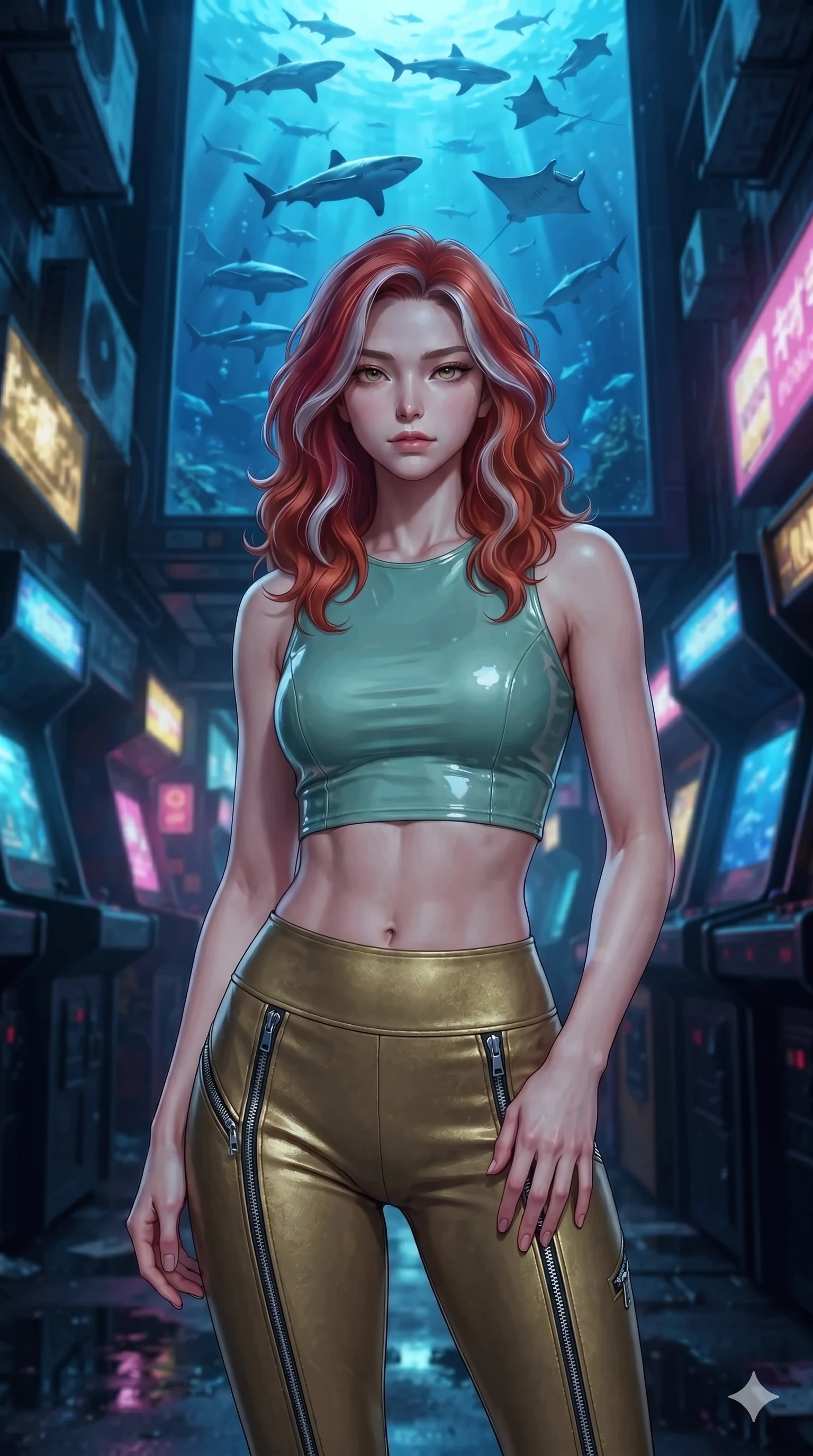 score_9, masterpiece, best quality, ultra-detailed, high-budget anime keyframe, editorial fashion photography, tasteful artistic composition, Caucasian woman. close-up cowboy shot from the waist and thighs up, the character dominates the composition, filling the frame with her large presence. posing in an alluring rear three-quarter angle, looking over a bare shoulder with parted glossy lips, her hips cocked back to highlight her slim hourglass curve while standing poised in the crowded cyber-arcade alley beneath a giant virtual aquarium billboard projecting swimming sharks and manta rays, arching her spine with seductive charisma. The background shows a soft-focus rain puddles reflecting arcade signs softened in cyberpunk market alley shallow focus. She has an exceptionally elegant, slender, and willowy female figure with an ultra-slim waist, flat toned midriff, narrow ribcage, and sculpted feminine hips creating an alluring, slim hourglass silhouette without bulk. sharp v-shaped jawline, high-bridge nose, intricate jewel-like sparkling eyes with depth, thick eyelashes, glossy parted lips with a natural peach sheen, bright cheerful beaming smile with an enchanting and coquettish sensual glint, exuding both youthful cute charm and seductive allure, flawlessly proportioned anatomical accuracy, strict slender model proportions, natural body alignment, perfectly sculpted long slender limbs, ultra-slim waistline, clean dynamic posture without body distortion. wearing a glossy vinyl crop top and high-waist tailored leggings with sleek chrome zippers and exposed midriff in celadon jade and antique gold-leaf, tailored from high-gloss patent leather with mirror-like specular highlights, finished with sleek magnetic buckle closures fluttering in the breeze, the form-contouring silhouette accentuating her sculpted flat midriff, narrow delicate ribcage, and gracefully curvy hips with intoxicating allure. bathed in the glowing azure and indigo illumination of the monumental virtual aquarium billboard. ultra-reflective glossy finish, specular highlights, rich textural contrasts, high-contrast stereoscopic depth, volumetric dynamic lighting, 2k, ultra detail, master piece, 9:16 ratio