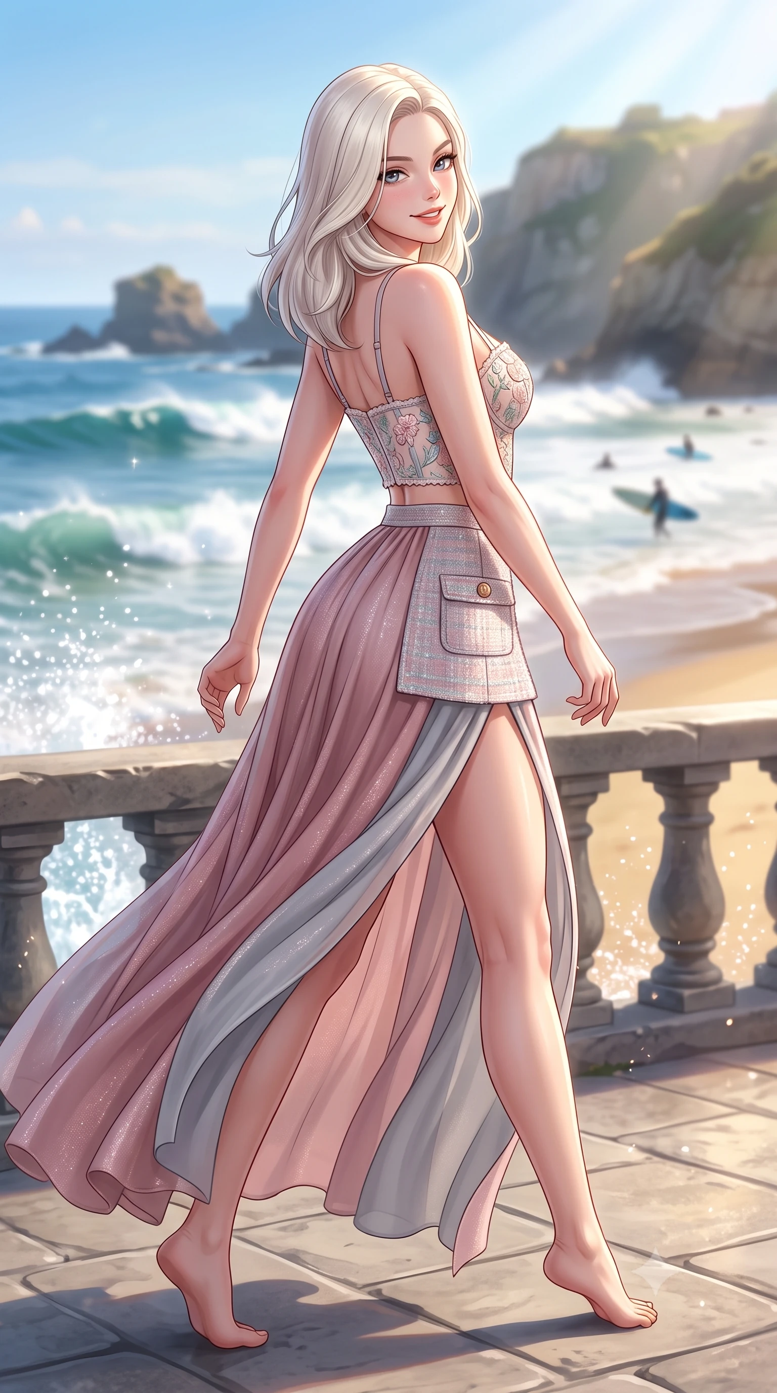 score_9, masterpiece, best quality, ultra-detailed, high-budget anime keyframe, semi-realistic 3D game render, editorial fashion photography, tasteful artistic composition, Caucasian woman. low angle full-body shot from head to toe showing her feet, filling the entire 9:16 vertical frame with her statuesque presence, stretching her vertical silhouette. posing with back turned slightly to the lens, glancing back with an enchanting, playful smile as she arches her lower back to emphasize her sculpted feminine hips and slender waist while striding along the grand oceanfront promenade, arching her back with an infectious, wind-kissed smile as Atlantic waves crash on golden sand. The composition keeps background elements in soft focus with dreamy creamy bokeh. distant rocky cliffs and surfers softened in glamorous French Basque shallow focus. She has an exceptionally tall and slender model-like 8.5-heads proportion, an ultra-slim waist, a flat toned midriff, narrow delicate ribcage, and beautifully sculpted feminine hips creating a graceful, slim hourglass silhouette without any bulky heaviness, with impossibly long slender legs. sharp v-shaped jawline, high-bridge nose, intricate jewel-like sparkling eyes with depth, thick eyelashes, glossy parted lips with a natural peach sheen, bright cheerful beaming smile with an enchanting and coquettish sensual glint, exuding both youthful cute charm and seductive allure, flawlessly proportioned anatomical accuracy, strict slender model proportions, natural body alignment, perfectly sculpted long slender limbs, ultra-slim waistline, clean dynamic posture without body distortion. wearing a delicate floral embroidery bustier top paired with a flowy high-slit chiffon maxi skirt with a side hip opening in dusty rose and soft dove grey, tailored from soft pastel tweed with subtle metallic shimmer, finished with neat front wooden buttons and delicate pocket details, the glove-like silhouette tightly following the natural contour of her hips and long slender legs with youthful 8.5-heads elegance. illuminated by sparkling sea foam reflections sharply sculpting her razor-sharp jawline, narrow waist, and curvy hips. highly saturated vibrant anime colors, detailed shading with soft gradients, rich glossy textures, high-contrast stereoscopic depth, volumetric dynamic lighting, master piece, 9:16 ratio