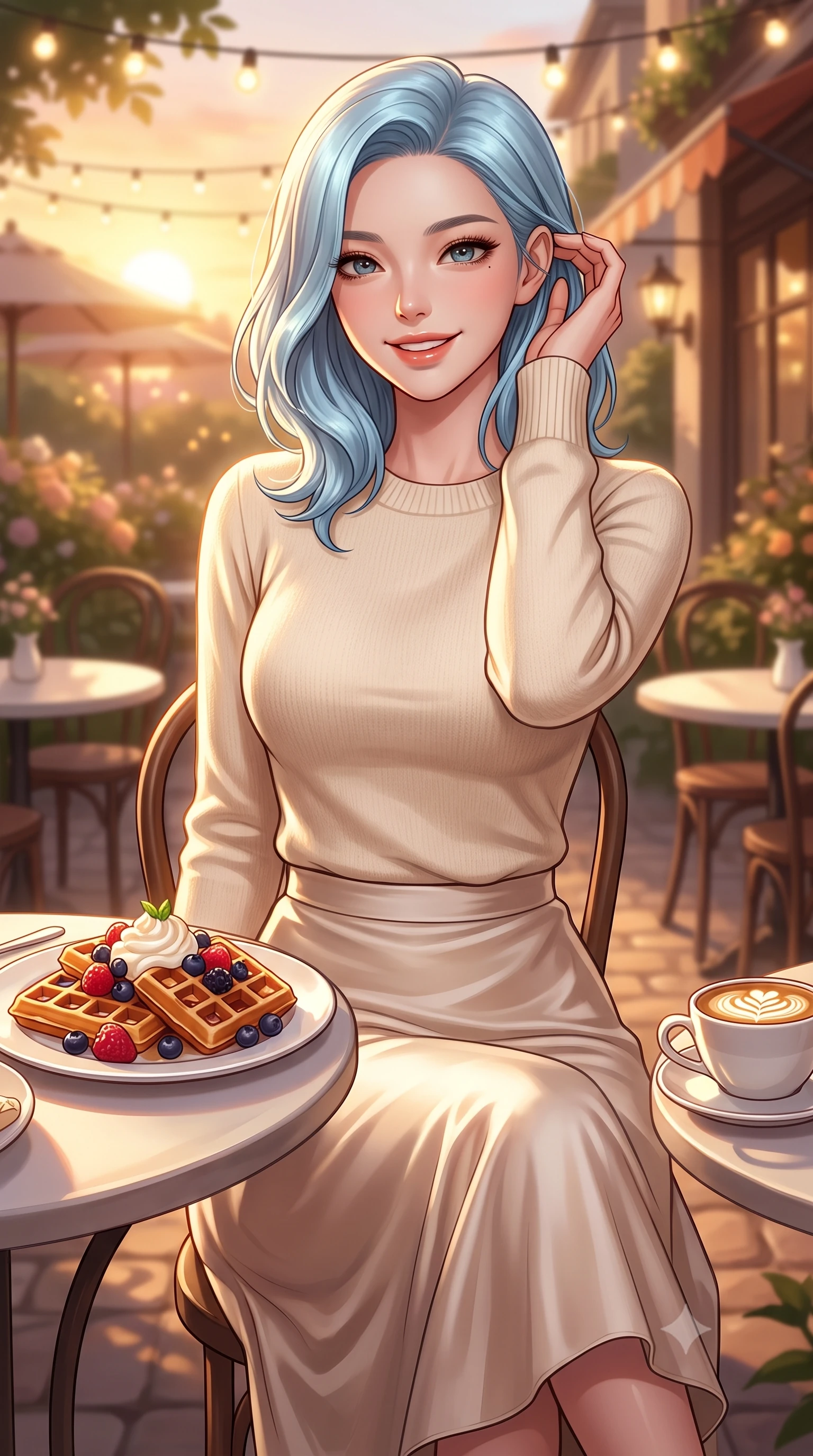 score_9, masterpiece, best quality, ultra-detailed, high-budget anime keyframe, editorial fashion photography, tasteful artistic composition, Korean woman. close-up cowboy shot from the waist and thighs up, the character dominates the composition, filling the frame with her large presence, background elements kept in soft focus. smiling cutely while gently brushing a strand of hair behind her ear set against a soft-focus background of at an outdoor garden table of a cozy Italian bistro decorated with fairy lights with a plate of fresh fruit waffles and a cup of coffee on the table. She has an exceptionally elegant, slender, and willowy female figure with an ultra-slim waist, a gracefully sculpted slender torso, and a refined silhouette. sharp v-shaped jawline, high-bridge nose, intricate jewel-like eyes with depth, thick eyelashes, glossy lips with a natural sheen. wearing tailored cozy cashmere sweater in cream, paired with a satin midi skirt. golden hour sunset light casting long warm shadows on the restaurant table. highly saturated vibrant anime colors, detailed shading with soft gradients, rich glossy textures, high-contrast stereoscopic depth, volumetric dynamic lighting, master piece, 9:16 ratio