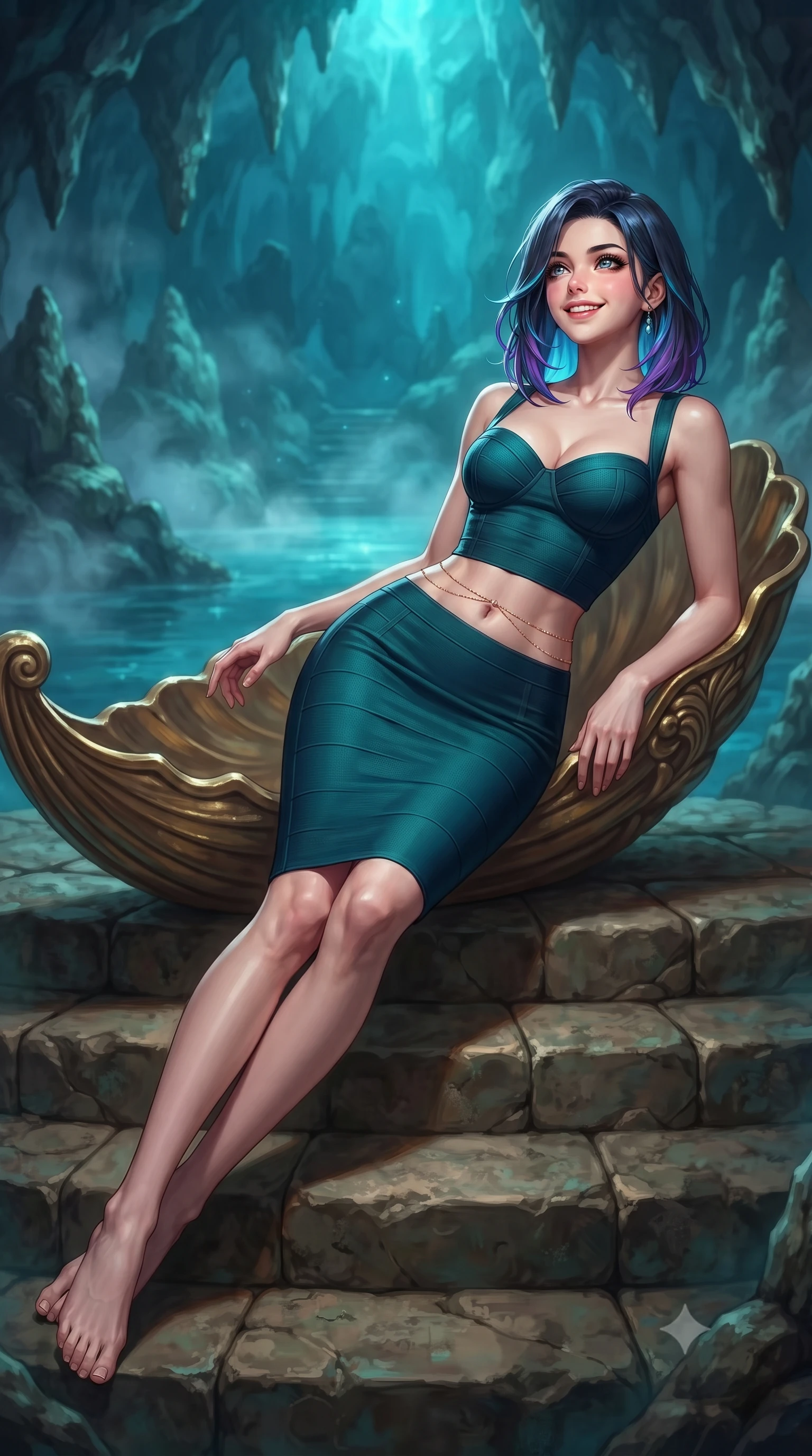 score_9, masterpiece, best quality, ultra-detailed, high-budget anime keyframe, editorial fashion photography, tasteful artistic composition, Caucasian woman. low angle full-body shot from head to toe showing her feet, filling the entire 9:16 vertical frame with her statuesque presence, stretching her vertical silhouette. sitting poised on the stone steps with one knee bent, arching her spine with supermodel elegance as she glances upward through thick eyelashes while lounging gracefully in the gilded shell barque propped on one elbow with legs extended, her statuesque 8.5-heads silhouette commanding the subterranean fantasy. The background shows a soft-focus gentle heated cavern water vapor softened in royal operatic grotto shallow focus. She has an exceptionally tall and slender model-like 8.5-heads proportion, an ultra-slim waist, a flat toned midriff, narrow delicate ribcage, and beautifully sculpted feminine hips creating a graceful, slim hourglass silhouette without any bulky heaviness, with impossibly long slender legs. sharp v-shaped jawline, high-bridge nose, intricate jewel-like sparkling eyes with depth, thick eyelashes, glossy parted lips with a natural peach sheen, bright cheerful beaming smile with an enchanting and coquettish sensual glint, exuding both youthful cute charm and seductive allure, flawlessly proportioned anatomical accuracy, strict slender model proportions, natural body alignment, perfectly sculpted long slender limbs, ultra-slim waistline, clean dynamic posture without body distortion. wearing a body-contouring dense bandage knit pencil dress with sweetheart neckline in Lake Tegernsee emerald glass and royal Bavarian navy, crafted from bespoke double-faced cashmere with an exceptionally soft tactile finish, accented with a dainty gold belly chain resting across her flat midriff and curving hips, the glove-like clinging cut tightly following the natural contour of her hips and long slender legs with youthful 8.5-heads elegance. bathed in the magical theatrical 3500K sapphire-and-emerald electric arc illumination designed for King Ludwig II's private opera performances. ultra-reflective glossy finish, specular highlights, rich textural contrasts, high-contrast stereoscopic depth, volumetric dynamic lighting, 2k, ultra detail, master piece, 9:16 ratio
