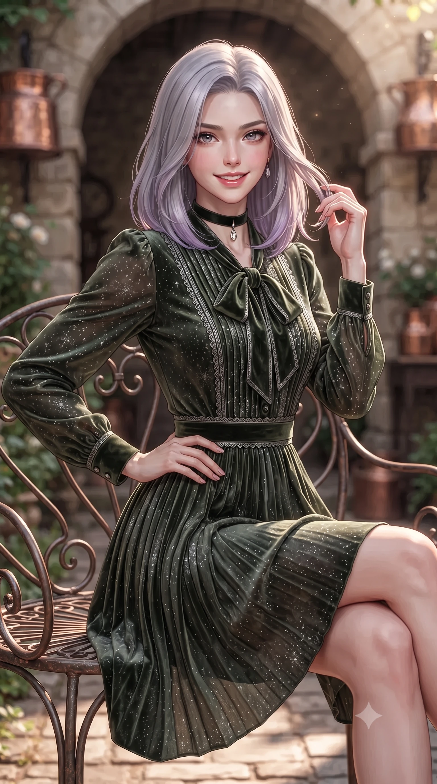 score_9, masterpiece, best quality, ultra-detailed, high-budget anime keyframe, editorial fashion photography, tasteful artistic composition, Caucasian woman. close-up cowboy shot from the waist and thighs up, the character dominates the composition, filling the frame with her large presence. twisting her slender torso in an alluring contrapposto stance, one hand resting on her sculpted hip while her fingers toy with her hair with effortless poise while sitting gracefully on the wrought-iron garden settee with legs crossed, flashing an enchanting smile with parted glossy lips. The surrounding environment is rendered in vivid detail and crisp panoramic clarity: detailed garment tailoring, delicate trims, and rustic French aristocracy craft in razor-sharp precision. She has an exceptionally elegant, slender, and willowy female figure with an ultra-slim waist, flat toned midriff, narrow ribcage, and sculpted feminine hips creating an alluring, slim hourglass silhouette without bulk. sharp v-shaped jawline, high-bridge nose, intricate jewel-like sparkling eyes with depth, thick eyelashes, glossy parted lips with a natural peach sheen, bright cheerful beaming smile with an enchanting and coquettish sensual glint, exuding both youthful cute charm and seductive allure, flawlessly proportioned anatomical accuracy, strict slender model proportions, natural body alignment, perfectly sculpted long slender limbs, ultra-slim waistline, clean dynamic posture without body distortion. wearing a refined long-sleeve silk georgette tea dress with pleated A-line skirt and neck pussy-bow in Loch Ness deep peat moss green and silver starlight, tailored from ultra-plush silk velvet with rich tactile depth and deep shadow gradients, finished with a thin velvet ribbon choker and a single teardrop diamond pendant, the bespoke structured tailoring following the natural line of her 8.5-heads silhouette with refined elegance. illuminated by copper vessel reflection bounce and sharp rose-gold rim lights sculpting her jawline, narrow waist, and curvy hips. ultra-reflective glossy finish, specular highlights, rich textural contrasts, high-contrast stereoscopic depth, volumetric dynamic lighting, 2k, ultra detail, master piece, 9:16 ratio