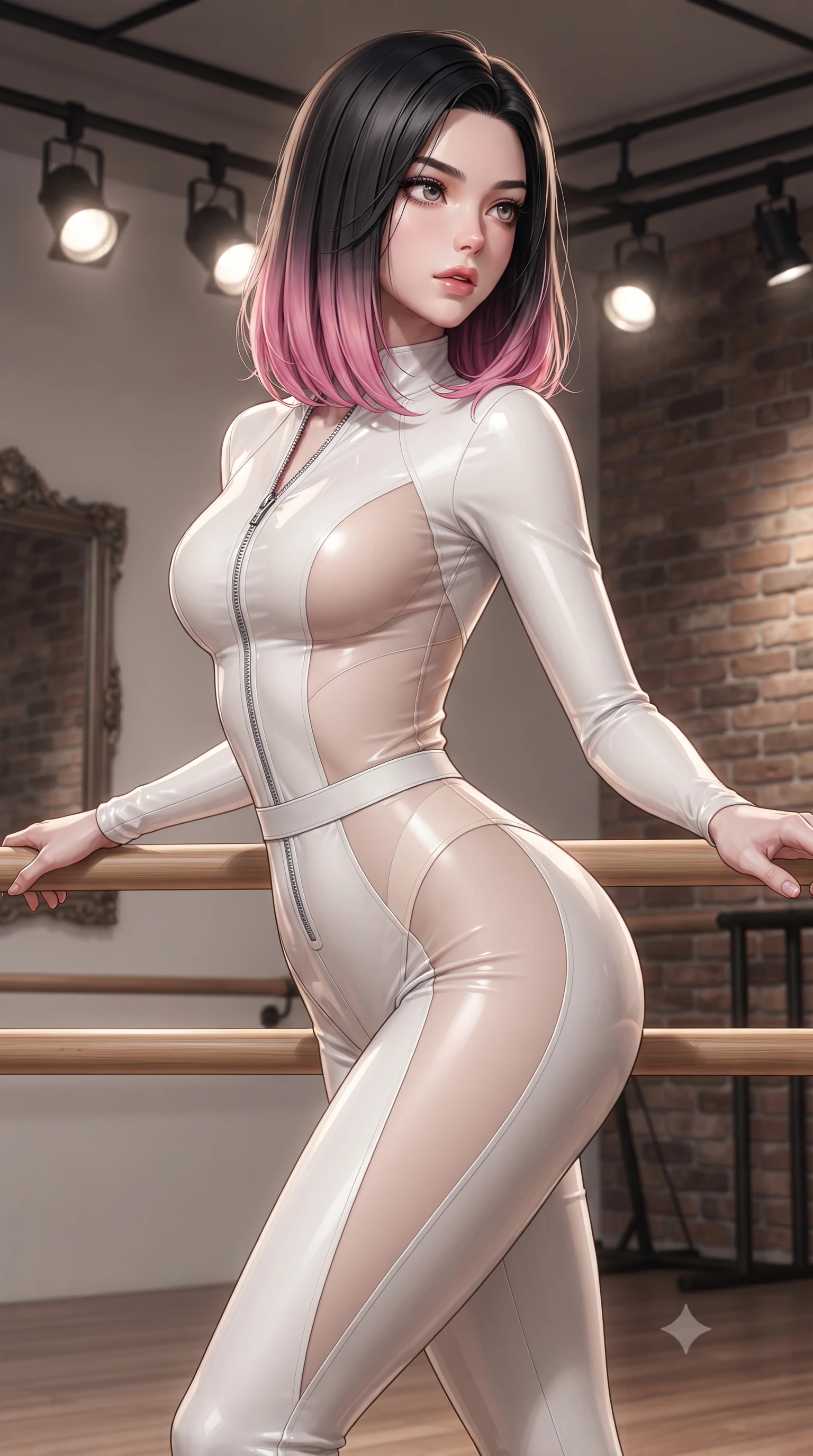 score_9, masterpiece, best quality, ultra-detailed, high-budget anime keyframe, editorial fashion photography, tasteful artistic composition, Korean woman. close-up cowboy shot from the waist and thighs up, the character dominates the composition, filling the frame with her large presence. twisting her slender torso in a deep contrapposto stance, hips dramatically shifted to accentuate her feminine curves while looking past her shoulder with smoldering bedroom-eyes while resting both hands on a polished wooden ballet barre while arching her lower back in a deep cambré stretch, highlighting her sculpted glutes and slender waist. The surrounding environment is rendered in vivid detail and crisp panoramic clarity. detailed muscle definition, fabric stretch tension lines, and studio spotlight fixtures in high clarity. She has an exceptionally elegant, slender, and willowy female figure with an ultra-slim waist, a gracefully sculpted slender torso, toned flat midriff, and rounded feminine hips creating an alluring hourglass silhouette. sharp v-shaped jawline, high-bridge nose, intricate jewel-like eyes with depth, thick eyelashes, glossy parted lips with a natural sheen, intensely captivating and seductive bedroom-eyes expression, flawlessly proportioned anatomical accuracy, strict slender model proportions, natural body alignment, perfectly sculpted long slender limbs, ultra-slim waistline, clean dynamic posture without body distortion. wearing a glossy stretch vinyl dance catsuit with front zipper and form-contouring hip panels in pristine chalk white and pale nude, made of sheer contouring power-mesh panels with anatomical curve lines, finished with a thin elastic waist band emphasizing her ultra-slim midriff, the glove-like aerodynamic silhouette tightly following the natural contour of her hips and long slender legs with statuesque precision. illuminated by crisp specular rim lights accentuating her narrow waist, curved hips, and long legs. ultra-reflective glossy finish, specular highlights, rich textural contrasts, high-contrast stereoscopic depth, volumetric dynamic lighting, 2k, ultra detail, master piece, 9:16 ratio