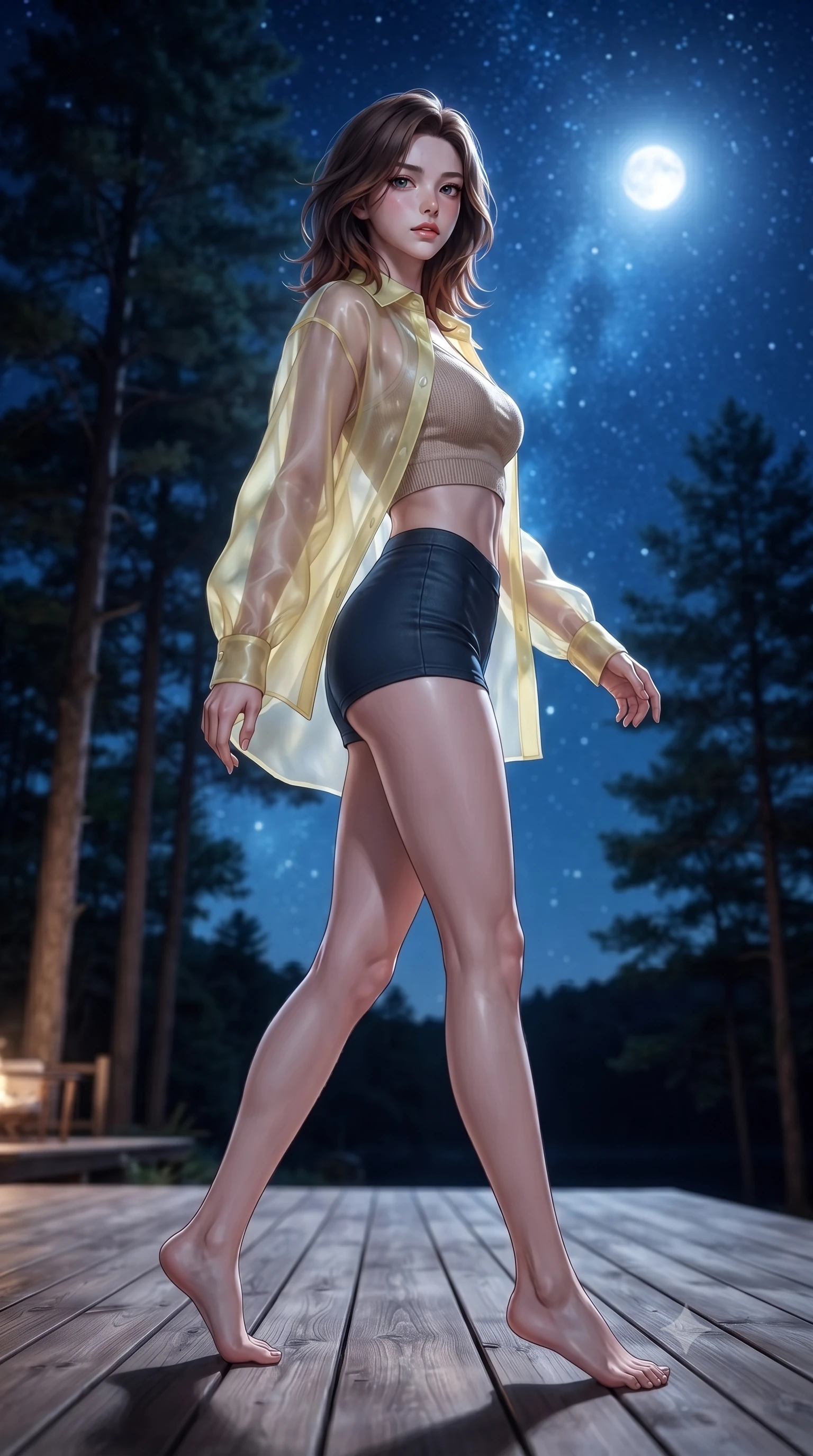 score_9, masterpiece, best quality, ultra-detailed, high-budget anime keyframe, editorial fashion photography, tasteful artistic composition, Korean woman. low angle full-body shot from head to toe showing her feet, filling the entire 9:16 vertical frame with her statuesque presence, stretching her vertical silhouette. stepping gracefully while looking back over her shoulder, her dress draped tightly to reveal her silhouette the background shows a soft-focus a wooden deck of a lakeside glamping site under a starry night sky and tall trees. She has an absolutely perfect, statuesque 8.5-heads proportion, an exceptionally tall and slender model-like female figure with impossibly long slender legs and an ultra-slim waist. sharp v-shaped jawline, high-bridge nose, intricate jewel-like eyes with depth, thick eyelashes, glossy lips with a natural sheen. wearing a slim-fit sheer organza shirt in pale yellow worn open over a knit crop top and micro-shorts. soft silver moonlight wrapping her silhouette in a cool cosmic glow. ultra-reflective glossy finish, specular highlights, metallic sheen, high-contrast stereoscopic depth, volumetric dynamic lighting, 2k, ultra detail, master piece, 9:16 ratio