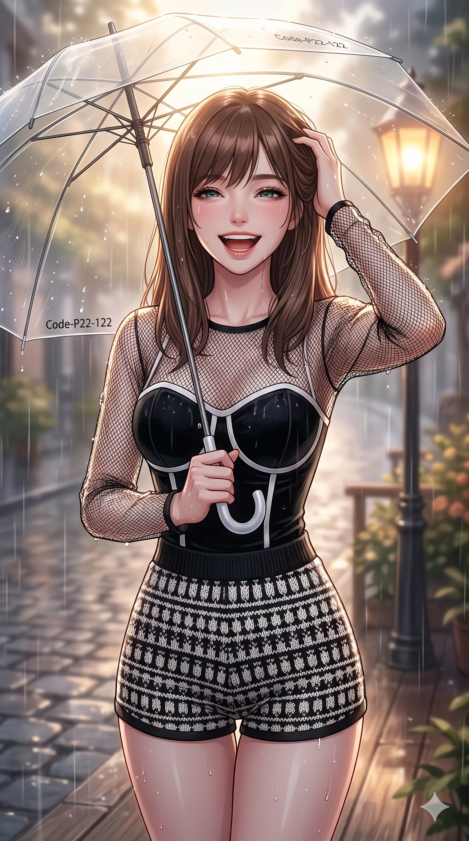 score_9, masterpiece, best quality, ultra-detailed, high-budget anime keyframe, vibrant anime aesthetic, Korean woman. close-up cowboy shot from the waist and thighs up, the character dominates the composition, filling the frame with her large presence, background elements kept in soft focus. She is laughing happily while running her fingers through her hair in the rain, with her eyes bright and full of life with a relaxed and elegant posture. the background shows a soft-focus rain-slicked cobblestone street under a warm glowing gaslight, holding a clear umbrella (Code-P22-122). She has an absolutely perfect proportion, an exceptionally elegant and slender female figure with an ultra-slim waist. V-shaped jawline, high-bridge nose, intricate jewel-like eyes with depth, thick eyelashes, glossy lips with a natural sheen. wearing a delicate mesh overlay worn over a structured velvet bodice and knit shorts in black and white couture. She is bathed in volumetric morning sunbeams piercing through rain clouds, accentuating her slender silhouette on the outdoor wooden terrace. 2k, ultra detail, master piece, 9:16 ratio