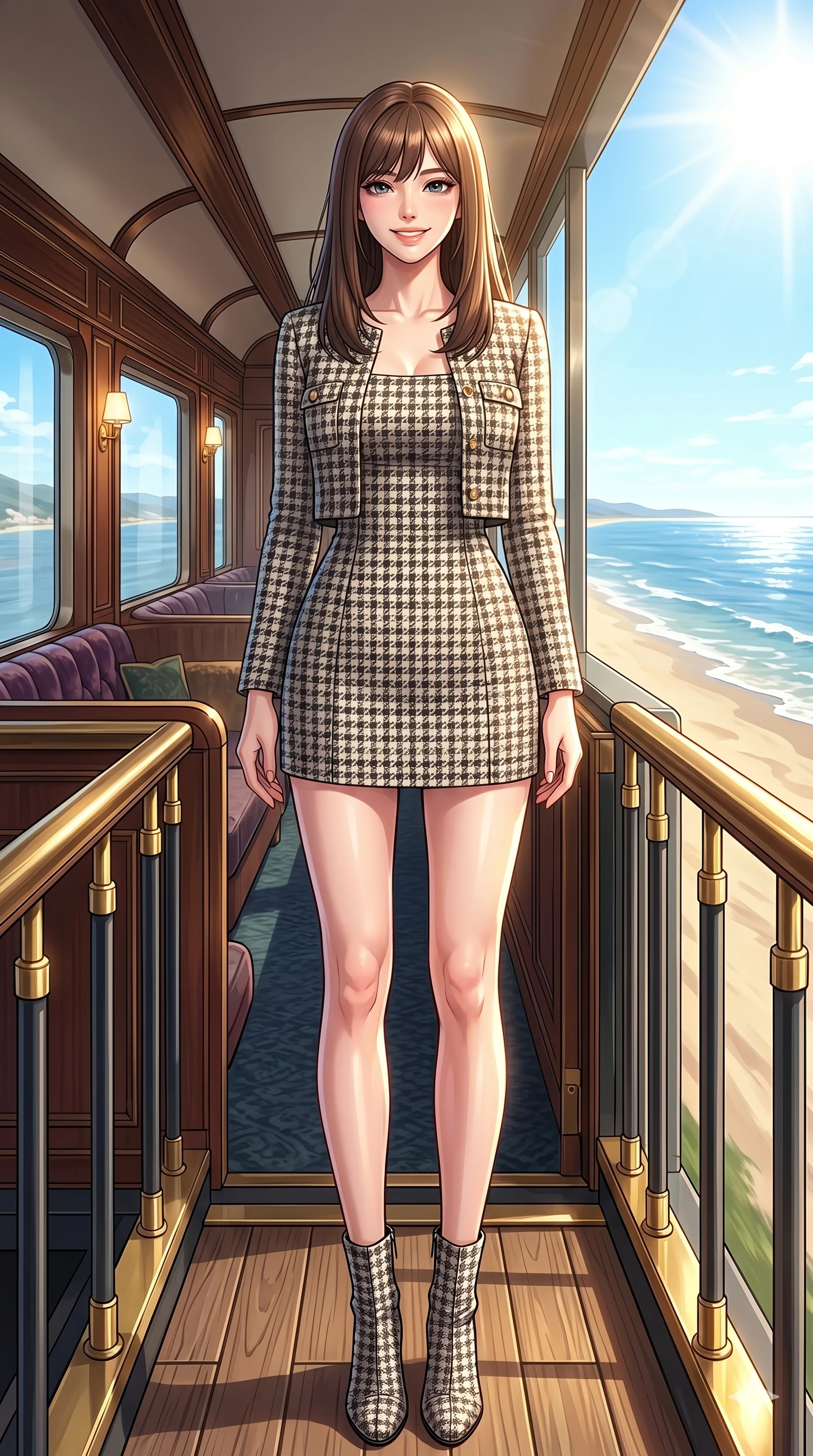 score_9, masterpiece, best quality, ultra-detailed, high-budget anime keyframe, vibrant anime aesthetic, Korean woman. low angle full-body shot from head to toe showing her feet, filling the entire 9:16 vertical frame with her statuesque presence, stretching her vertical silhouette. She is standing on the balcony, looking at the camera with a confident, radiant smile inside a luxury train lounge car with large panoramic windows showing a sunny coastline (Code-P20-017). She has an absolutely perfect 8-heads proportion, an exceptionally tall and slender female figure with impossibly long slender legs and an ultra-slim waist. V-shaped jawline, high-bridge nose, intricate jewel-like eyes with depth, thick eyelashes, glossy lips with a natural sheen. wearing a chic tweed dress with a matching cropped jacket and boots. She is illuminated by a brilliant midday sun, highlighting her athletic figure and smile. 2k, ultra detail, master piece, 9:16 ratio
