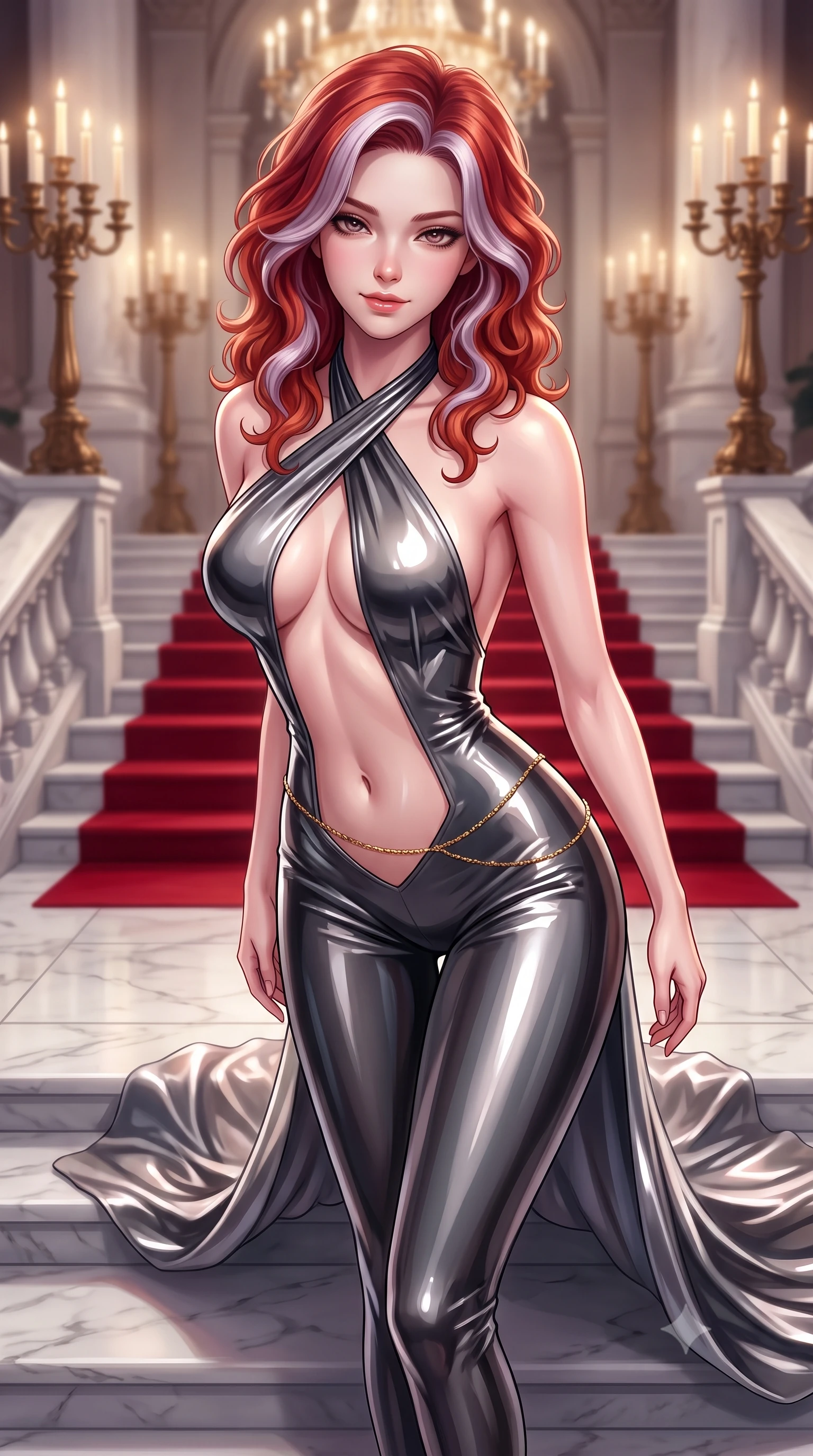 score_9, masterpiece, best quality, ultra-detailed, high-budget anime keyframe, semi-realistic 3D game render, editorial fashion photography, tasteful artistic composition, Caucasian woman. close-up cowboy shot from the waist and thighs up, the character dominates the composition, filling the frame with her large presence. leaning forward while arching her lower back to accentuate her curvy hips, looking into the camera with an intoxicating smoldering gaze and bedroom-eyes while paused mid-step on the monumental white Carrara marble staircase, arching her spine with sovereign supermodel presence as her train sweeps behind. The background shows a soft-focus heavy red velvet carpet runner softened in regal Viennese grand gala shallow focus. She has an exceptionally elegant, slender, and willowy female figure with an ultra-slim waist, flat toned midriff, narrow ribcage, and sculpted feminine hips creating an alluring, slim hourglass silhouette without bulk. sharp v-shaped jawline, high-bridge nose, sparkling eyes with hypnotic seductive depth, thick curled eyelashes, glossy parted lips with a natural dewy peach sheen, alluring bedroom-eyes with an enchanting coquettish smile, exuding magnetic siren charisma and sophisticated glamour, flawlessly proportioned anatomical accuracy, strict slender model proportions, natural body alignment, perfectly sculpted long slender limbs, ultra-slim waistline, clean dynamic posture without body distortion. wearing a criss-cross halterneck keyhole bodysuit with open back and sculpted waist darts in smoky charcoal and metallic platinum, crafted from wet-look high-gloss vinyl fabric with dazzling specular surface reflections, accented with a dainty gold belly chain resting across her flat midriff and curving hips, the glove-like clinging cut tightly following the natural contour of her hips and long slender legs with youthful 8.5-heads elegance. bathed in warm golden light from towering bronze candelabras and overhead palace chandeliers. highly saturated vibrant anime colors, detailed shading with soft gradients, rich glossy textures, high-contrast stereoscopic depth, volumetric dynamic lighting, master piece, 9:16 ratio
