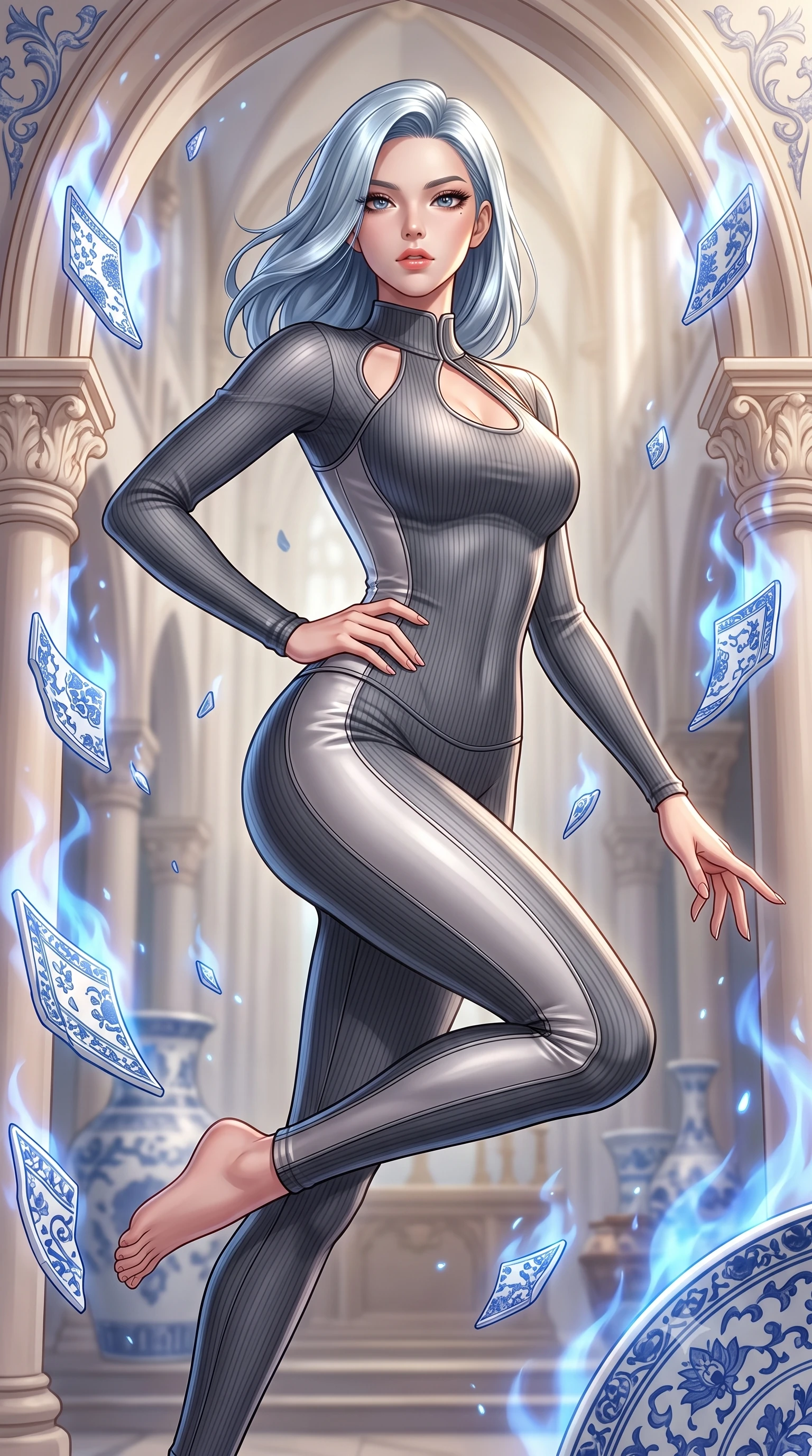 score_9, masterpiece, best quality, ultra-detailed, high-budget anime keyframe, editorial fashion photography, tasteful artistic composition, Korean woman. close-up cowboy shot from the waist and thighs up, the character dominates the composition, filling the frame with her large presence, background elements kept in soft focus. Holding a powerful dynamic pose with one hand on her hip and body angled dramatically toward the key light while leaping through an alchemical cathedral nave flanked by floating blue-and-white porcelain shards, soft sapphire alchemy flames dancing around bisque porcelain architectural arches. She has an exceptionally elegant, slender, and willowy female figure with an ultra-slim waist, a gracefully sculpted slender torso, and a refined silhouette. sharp v-shaped jawline, high-bridge nose, intricate jewel-like eyes with depth, thick eyelashes, glossy lips with a natural sheen, flawlessly proportioned anatomical accuracy, natural body alignment, perfectly sculpted elegant limbs, clean dynamic posture without body distortion. wearing a form-fitting ribbed activewear set with elegant collar cutouts in charcoal grey and platinum, crafted from lustrous satin jersey with fluid draping, accented with a Tasteful chest slit framing her clavicle gracefully, the tailored fabric tightly following every curve of her athletic build. surrounded by a majestic inner radiance highlighting glossy white porcelain. highly saturated vibrant anime colors, detailed shading with soft gradients, rich glossy textures, high-contrast stereoscopic depth, volumetric dynamic lighting, master piece, 9:16 ratio