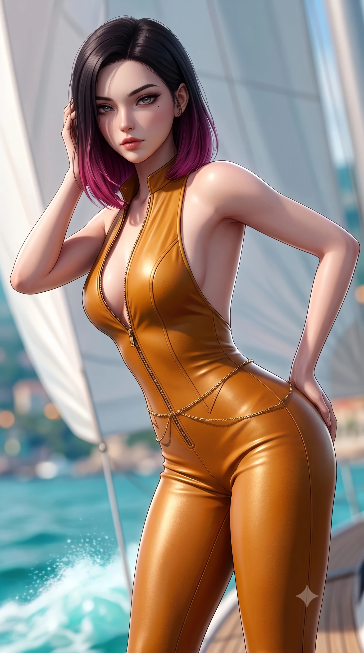 score_9, masterpiece, best quality, ultra-detailed, high-budget anime keyframe, semi-realistic 3D game render, editorial fashion photography, tasteful artistic composition, Korean woman. close-up cowboy shot from the waist and thighs up, the character dominates the composition, filling the frame with her large presence. leaning forward while arching her lower back to accentuate her curvy hips, looking into the camera with an intoxicating smoldering gaze and bedroom-eyes while twisting her slender torso in an alluring S-curve, billowing white spinnaker sail casting soft shadow gradients across her curves. The background shows a soft-focus billowing sails, turquoise bow wave wake, and the distant Monaco palace cliffs blurred into seafoam, cobalt, and amber bokeh. She has an exceptionally elegant, slender, and willowy female figure with an ultra-slim waist, flat toned midriff, narrow ribcage, and sculpted feminine hips creating an alluring, slim hourglass silhouette without bulk. sharp v-shaped jawline, high-bridge nose, sparkling eyes with hypnotic seductive depth, thick curled eyelashes, glossy parted lips with a natural dewy peach sheen, alluring bedroom-eyes with an enchanting coquettish smile, exuding magnetic siren charisma and sophisticated glamour, flawlessly proportioned anatomical accuracy, strict slender model proportions, natural body alignment, perfectly sculpted long slender limbs, ultra-slim waistline, clean dynamic posture without body distortion. wearing a backless plunge-front second-skin leatherette biker jumpsuit with zip front and high-cut leg openings in warm amber honey and antique gold leaf, woven from buttery-soft stretch lambskin leather adhering to her body like a second skin, accented with a dainty gold belly chain resting across her flat midriff and curving hips, the liquid-tight tailored fabric clinging flawlessly to her narrow waist and rounded feminine hips, emphasizing every millimeter of her sculpted slim hourglass curves without any bulky heaviness. illuminated by sea spray bounce and sharp platinum rim lights defining her delicate clavicles, ultra-slim waist, and curvy hips. highly saturated vibrant anime colors, detailed shading with soft gradients, rich glossy textures, high-contrast stereoscopic depth, volumetric dynamic lighting, master piece, 9:16 ratio