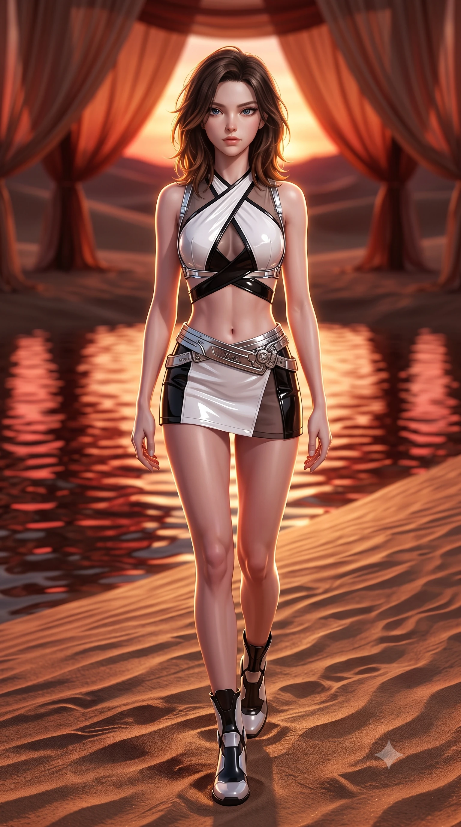 score_9, masterpiece, best quality, ultra-detailed, high-budget anime keyframe, semi-realistic 3D game render, editorial fashion photography, tasteful artistic composition, Korean woman. low angle full-body shot from head to toe showing her feet, filling the entire 9:16 vertical frame with her statuesque presence, stretching her vertical silhouette. striding forward in a proud, statuesque motion with a dangerous smolder, her vertical silhouette dominating the frame from head to toe while standing with sovereign poise on a wind-swept sand ridge as crimson sunset light paints the rippling oasis water. The composition keeps background elements in soft focus with creamy bokeh. luxurious silk canopy drapes and reflecting oasis waters softened in dreamy shallow focus. She has an absolutely perfect, statuesque 8.5-heads proportion, an exceptionally tall and slender model-like female figure with impossibly long slender legs, a toned flat midriff, and an ultra-slim waist. sharp v-shaped jawline, high-bridge nose, intricate jewel-like eyes with depth, thick eyelashes, glossy lips with a natural sheen, flawlessly proportioned anatomical accuracy, strict slender model proportions, natural body alignment, perfectly sculpted long slender limbs, ultra-slim waistline, clean dynamic posture without body distortion. wearing a shortened cyber-fusion wrap top with transparent chiffon panels, a deep crossover neckline, and a high-waisted metallic sash that accentuates her ultra-slim waist in high-gloss monochrome white and sharp black contrast, formed from high-gloss patent material with specular light reflections, reinforced by a sleek metallic chrome harness and delicate glowing micro-straps, the form-contouring material adhering flawlessly to her sculpted flat midriff and slender torso, emphasizing her long leg lines and perfectly proportioned willowy build. illuminated by crisp golden rim highlights sharply defining her ultra-slim waist and long legs. highly saturated vibrant anime colors, detailed shading with soft gradients, rich glossy textures, high-contrast stereoscopic depth, volumetric dynamic lighting, master piece, 9:16 ratio