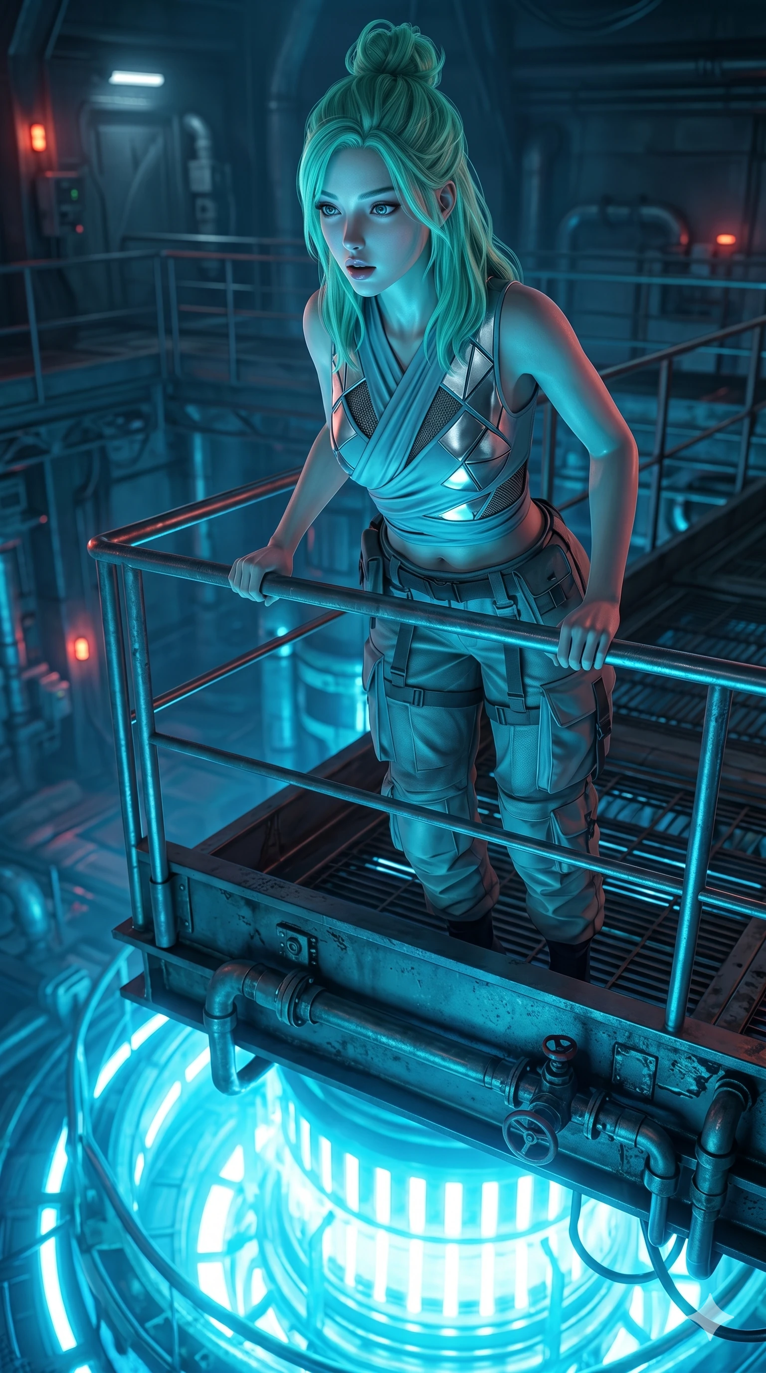 score_9, masterpiece, best quality, ultra-detailed, high-budget anime keyframe, semi-realistic 3D game render, Japanese woman. Upper body close-up from the thighs up, character filling the screen for maximum presence. Standing on a metal balcony overlooking a massive reactor core, leaning forward, her face lit by the core's energy with an awe-struck expression. She is wearing a high-fashion draped wrap top with metallic silver panels and cargo pants. The scene is bathed in the intense, pulsing neon blue light of the reactor core. 2k, ultra detail, master piece, 9:16 ratio
