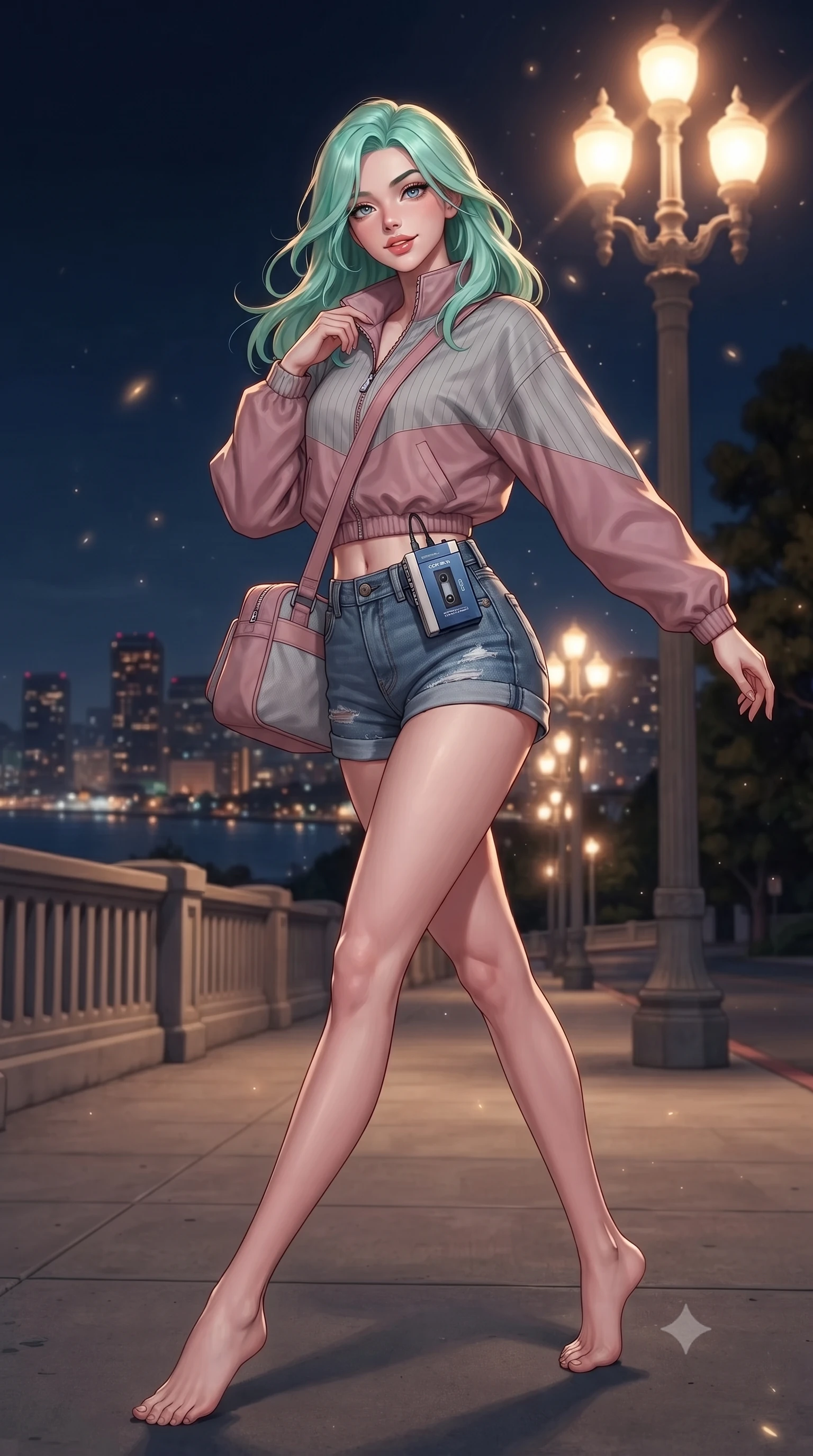 score_9, masterpiece, best quality, ultra-detailed, high-budget anime keyframe, editorial fashion photography, tasteful artistic composition, Japanese woman. low angle full-body shot from head to toe showing her feet, filling the entire 9:16 vertical frame with her statuesque presence, stretching her vertical silhouette. pivoting dynamically with supreme athletic balance and poise, her impossibly long slender legs creating a breathtaking line while standing poised on the bridge sidewalk under glowing art-deco streetlamps as distant city lights twinkle across the bay. The composition keeps background elements in soft focus with creamy bokeh. cool ocean mist and streetlamp halos scattering dreamy nostalgic light motes across the road. She has an absolutely perfect, statuesque 8.5-heads proportion, an exceptionally tall and slender model-like female figure with impossibly long slender legs, a toned flat midriff, and an ultra-slim waist. sharp v-shaped jawline, high-bridge nose, intricate jewel-like eyes with depth, thick eyelashes, glossy lips with a natural sheen, captivating and magnetic expression, flawlessly proportioned anatomical accuracy, strict slender model proportions, natural body alignment, perfectly sculpted long slender limbs, ultra-slim waistline, clean dynamic posture without body distortion. wearing a retro pastel colorblock windbreaker paired with high-waisted denim shorts and a canvas crossbody bag in dusty rose pink and vintage heather grey, made of premium heavyweight washed denim and breathable cotton poplin, accessorized with a vintage portable cassette Walkman clipped to her waistband, the form-contouring material adhering flawlessly to her sculpted flat midriff and slender torso, emphasizing her long leg lines and perfectly proportioned willowy build. surrounded by a free-spirited, glamorous, and wonderfully nostalgic midnight road-trip queen aura. ultra-reflective glossy finish, specular highlights, rich textural contrasts, high-contrast stereoscopic depth, volumetric dynamic lighting, 2k, ultra detail, master piece, 9:16 ratio