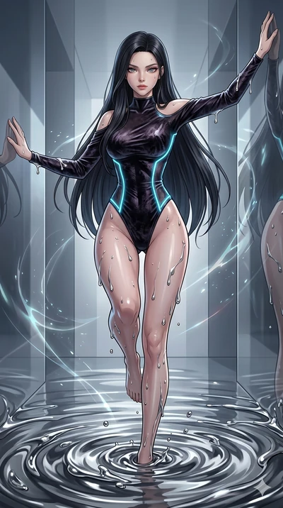 score_9, masterpiece, best quality, ultra-detailed, High-budget Anime Keyframe, East Asian woman. Dynamic full-body shot stretching the vertical silhouette to the limit. Scenario 44: Rising from a pool of mercury-like liquid, droplets rolling off her