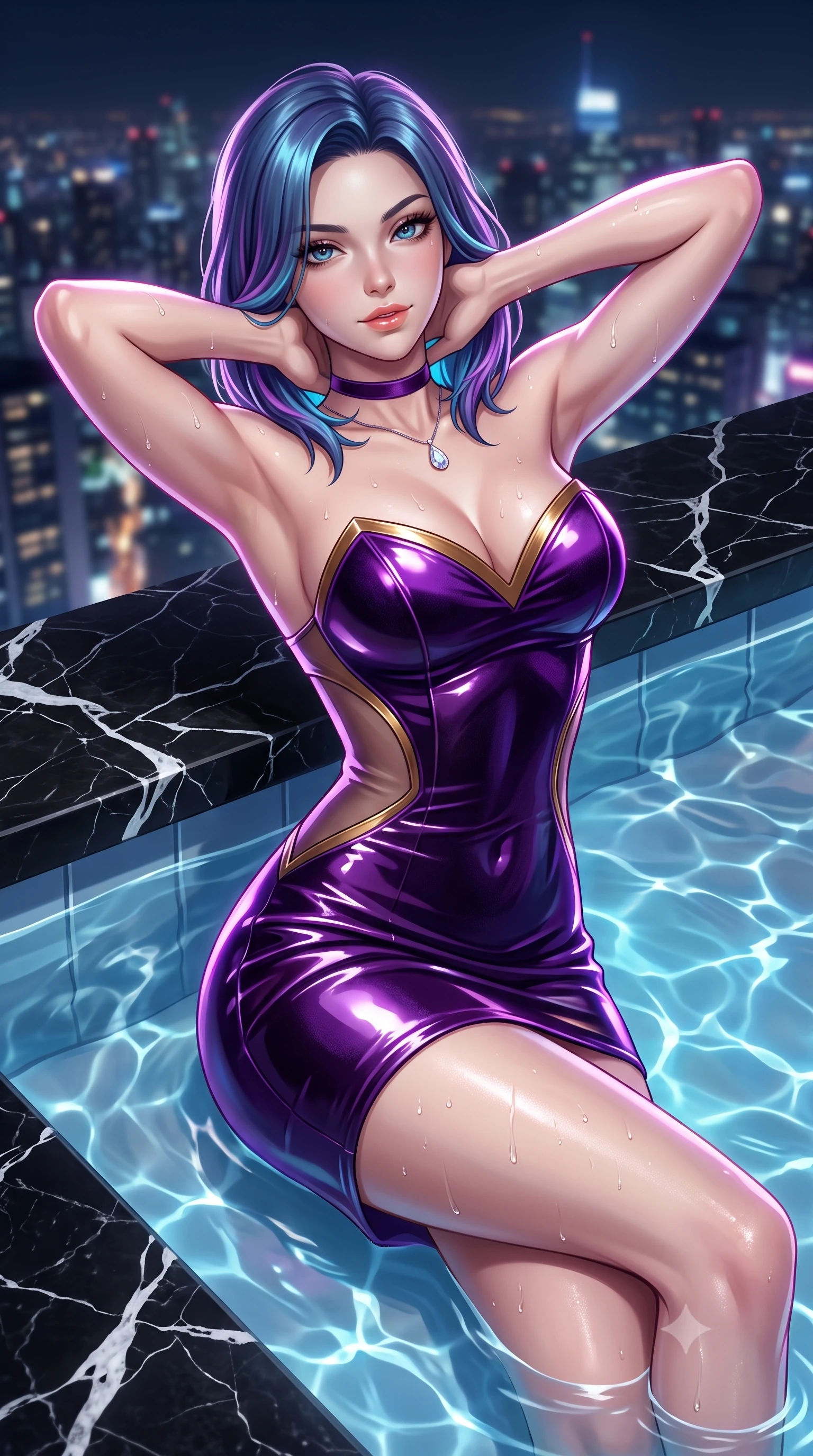 score_9, masterpiece, best quality, ultra-detailed, high-budget anime keyframe, semi-realistic 3D game render, editorial fashion photography, tasteful artistic composition, Caucasian woman. close-up cowboy shot from the waist and thighs up, the character dominates the composition, filling the frame with her large presence. resting both hands lightly behind her neck with elbows raised, arching her spine to highlight her narrow waist, flat midriff, and breathtaking collarbones while lounging gracefully in the shallow heated pool propped on one elbow, her statuesque 8.5-heads silhouette commanding the nocturnal mega-city vista. The surrounding environment is rendered in vivid detail and crisp panoramic clarity: sharp white calcite veins in black Marquina marble, glistening water droplets on toned dewy skin, and clear pool coping edge in deep focus. She has an exceptionally elegant, slender, and willowy female figure with an ultra-slim waist, flat toned midriff, narrow ribcage, and sculpted feminine hips creating an alluring, slim hourglass silhouette without bulk. sharp v-shaped jawline, high-bridge nose, sparkling eyes with hypnotic seductive depth, thick curled eyelashes, glossy parted lips with a natural dewy peach sheen, alluring bedroom-eyes with an enchanting coquettish smile, exuding magnetic siren charisma and sophisticated glamour, flawlessly proportioned anatomical accuracy, strict slender model proportions, natural body alignment, perfectly sculpted long slender limbs, ultra-slim waistline, clean dynamic posture without body distortion. wearing a deep sweetheart-neckline velvet bodycon dress with sheer side-torso cutouts accentuating her hourglass curves in royal amethyst purple and gilded bronze, crafted from wet-look high-gloss vinyl fabric with dazzling specular surface reflections, finished with a thin velvet ribbon choker and a single teardrop diamond pendant, the glove-like clinging cut tightly following the natural contour of her hips and long slender legs with youthful 8.5-heads elegance. illuminated by water ripple caustics and sharp platinum-magenta rim lights defining her delicate clavicles, ultra-slim waist, and curvy hips. highly saturated vibrant anime colors, detailed shading with soft gradients, rich glossy textures, high-contrast stereoscopic depth, volumetric dynamic lighting, master piece, 9:16 ratio