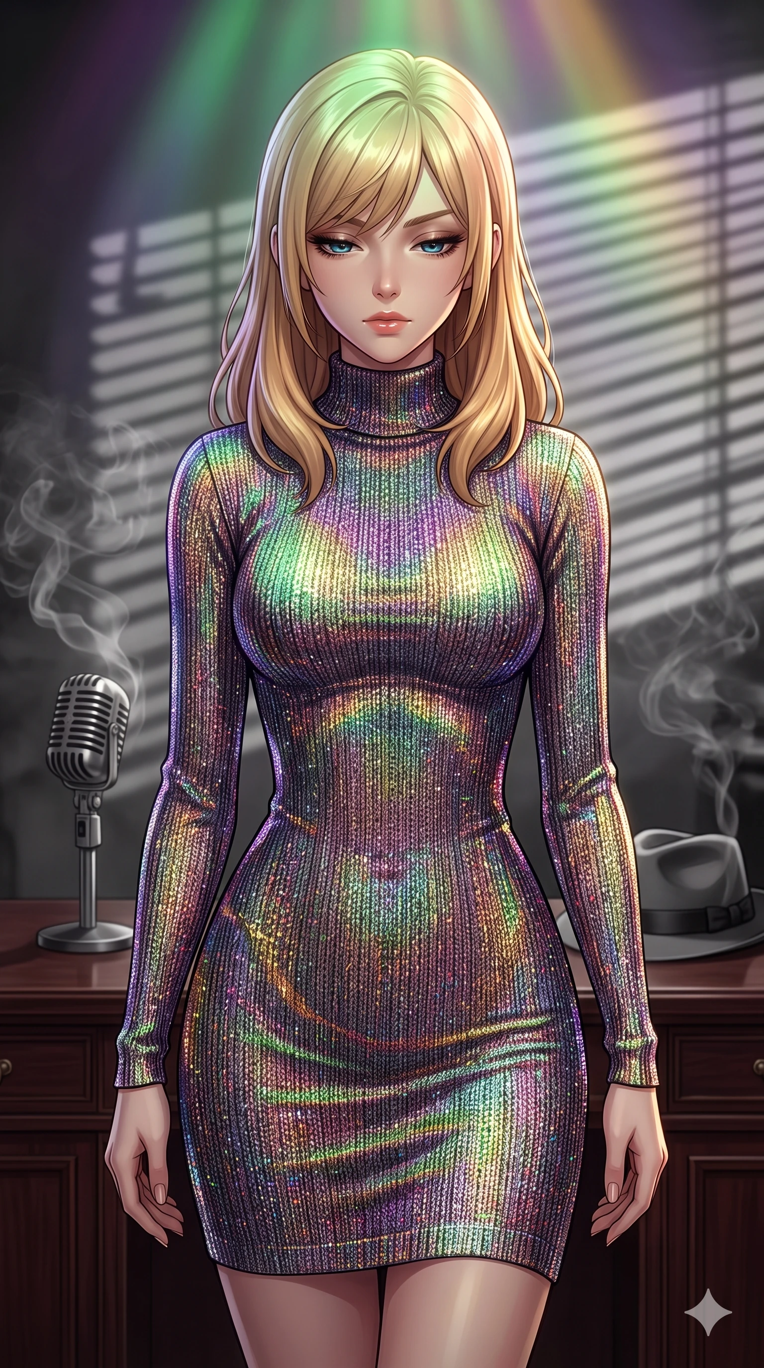 score_9, masterpiece, best quality, ultra-detailed, high-budget anime keyframe, editorial fashion photography, tasteful artistic composition, Caucasian woman, strictly human ears. close-up cowboy shot from the waist and thighs up, the character dominates the composition, filling the frame with her large presence, background elements kept in soft focus. Looking down with lowered lashes and a composed powerful expression. set against a soft-focus background of a classic monochrome film noir movie set with venetian blind shadows cutting across the space smoky tendrils drifting past a vintage microphone and a fedora resting on a mahogany desk. She has an exceptionally elegant and slender, willowy female figure with an ultra-slim waist, a gracefully sculpted slender torso, and a refined slim physique. sharp v-shaped jawline, high-bridge nose, intricate jewel-like eyes with depth, thick eyelashes, glossy lips with a natural sheen. wearing a long-sleeve fitted turtleneck dress in a shimmering multi-colored metallic knit, the bright color particles tracing every line of her slender form. illuminated by a shifting aurora palette of green violet and gold from above. 2k, ultra detail, master piece, 9:16 ratio