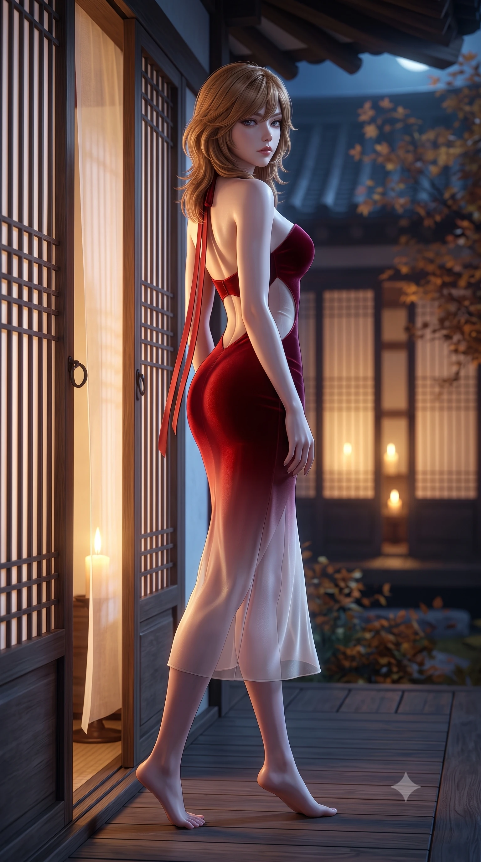 score_9, masterpiece, best quality, ultra-detailed, high-budget anime keyframe, semi-realistic 3D game render, editorial fashion photography, tasteful artistic composition, Korean woman. low angle full-body shot from head to toe showing her feet, filling the entire 9:16 vertical frame with her statuesque presence, stretching her vertical silhouette. walking along the moonlit terrace with poise, looking back over her bare shoulder with an irresistible smoldering bedroom-gaze while twisting her slender torso in an alluring contrapposto pose beside the sliding rice-paper door, warm candlelight silhouette outlining her curves. The background shows a soft-focus warm candlelight glowing through translucent hanji paper doors softened in peaceful autumnal shallow focus. She has an absolutely perfect, statuesque 8.5-heads proportion, an exceptionally tall and slender model-like female figure with impossibly long slender legs, an ultra-slim waist, a flat toned midriff, narrow delicate ribcage, and beautifully sculpted feminine hips creating a graceful, slim hourglass silhouette without any bulky heaviness. sharp v-shaped jawline, high-bridge nose, sparkling eyes with hypnotic seductive depth, thick curled eyelashes, glossy parted lips with a natural dewy peach sheen, alluring bedroom-eyes with an enchanting coquettish smile, exuding magnetic siren charisma and sophisticated glamour, flawlessly proportioned anatomical accuracy, strict slender model proportions, natural body alignment, perfectly sculpted long slender limbs, ultra-slim waistline, clean dynamic posture without body distortion. wearing a deep sweetheart-neckline velvet bodycon dress with sheer side-torso cutouts accentuating her hourglass curves in royal vermilion crimson and pale ivory silk, made of delicate semi-sheer Korean gossamer organza with subtle pearlescent glints, finished with long silk ribbon ties fluttering down her bare spine from a backless halter, the liquid-tight tailored fabric clinging flawlessly to her narrow waist and rounded feminine hips, emphasizing every millimeter of her sculpted slim hourglass curves without any bulky heaviness. bathed in warm golden candlelight glowing from within the interior room mixed with cool moonlight fill. highly saturated vibrant anime colors, detailed shading with soft gradients, rich glossy textures, high-contrast stereoscopic depth, volumetric dynamic lighting, master piece, 9:16 ratio