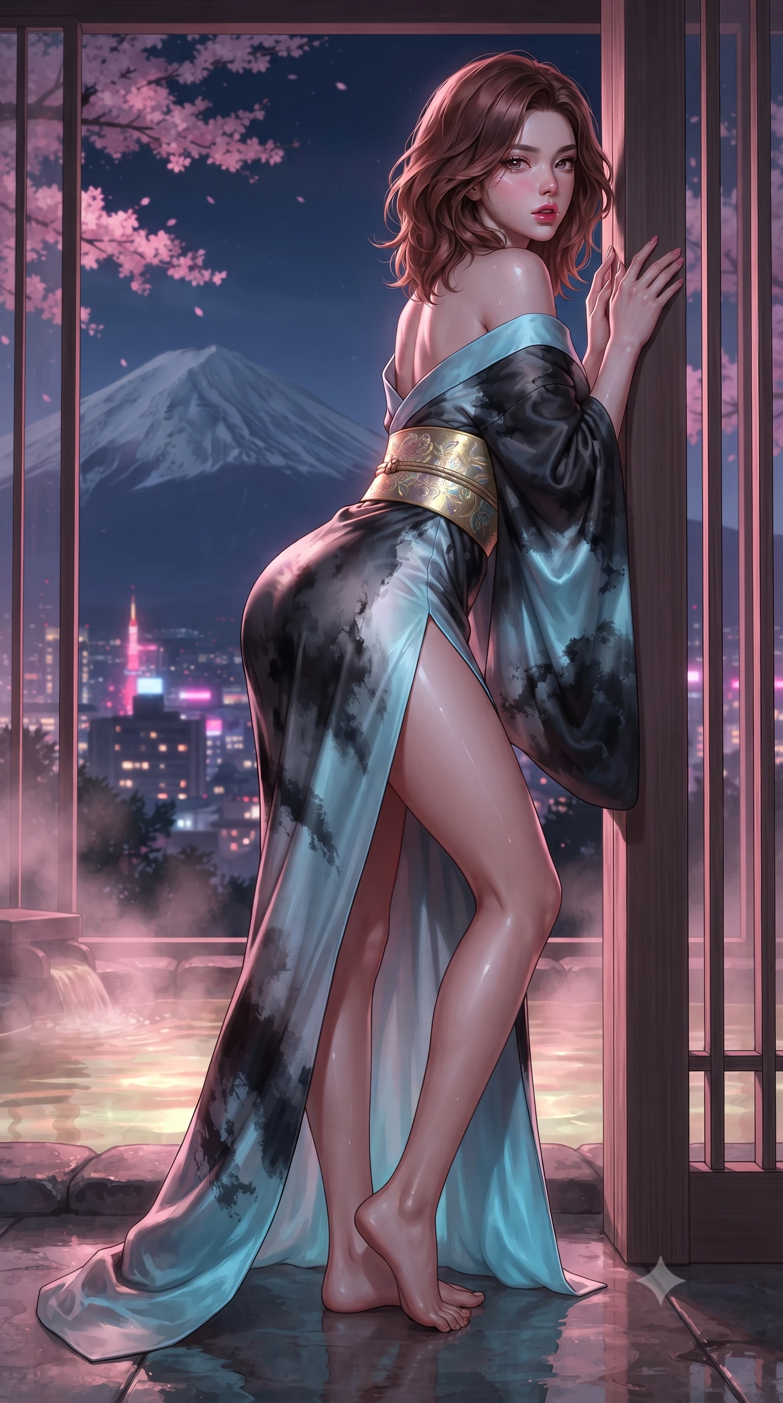 score_9, masterpiece, best quality, ultra-detailed, high-budget anime keyframe, editorial fashion photography, tasteful artistic composition, Korean woman. low angle full-body shot from head to toe showing her feet, filling the entire 9:16 vertical frame with her statuesque presence, stretching her vertical silhouette. leaning deep against the structural architecture with hips cocked in an unapologetically bold, seductive high-fashion stance while leaning back against a cedar bath partition overlooking glowing Tokyo skyscrapers, parted glossy lips reflecting pink neon lights. The surrounding environment is rendered in vivid detail and crisp panoramic clarity. atmospheric nocturnal thermal chiaroscuro and private mountain-view skylounge luxury in precision. She has an absolutely perfect, statuesque 8.5-heads proportion, an exceptionally tall and slender model-like female figure with impossibly long slender legs, a toned flat midriff, an ultra-slim waist, and beautifully sculpted feminine hips. sharp v-shaped jawline, high-bridge nose, intricate jewel-like eyes with depth, thick eyelashes, glossy parted lips with a natural sheen, intensely captivating and seductive bedroom-eyes expression, flawlessly proportioned anatomical accuracy, strict slender model proportions, natural body alignment, perfectly sculpted long slender limbs, ultra-slim waistline, clean dynamic posture without body distortion. wearing a backless off-shoulder silk kimono gown with fluttering drapes and an ultra-high side slit in dark ink-wash black and radiant moonlight cyan, tailored from smooth liquid silk satin adhering seamlessly to her wet skin, complemented by a wide metallic gold obi sash with holographic floral embroidery, the form-contouring material adhering flawlessly to her sculpted flat midriff and slender torso, emphasizing her long leg lines and perfectly proportioned willowy build. bathed in soft pink cherry blossom ambient glow and warm underwater mineral pool lights. ultra-reflective glossy finish, specular highlights, rich textural contrasts, high-contrast stereoscopic depth, volumetric dynamic lighting, 2k, ultra detail, master piece, 9:16 ratio