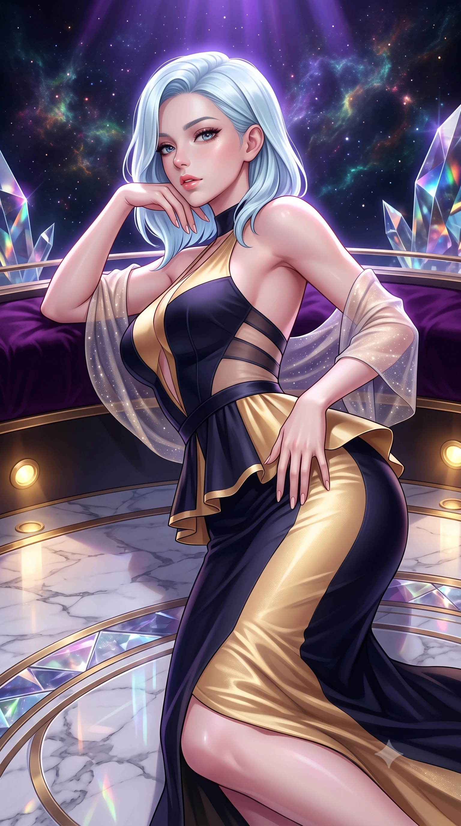score_9, masterpiece, best quality, ultra-detailed, high-budget anime keyframe, semi-realistic 3D game render, editorial fashion photography, tasteful artistic composition, Korean woman. close-up cowboy shot from the waist and thighs up, the character dominates the composition, filling the frame with her large presence. resting one manicured hand delicately on her hip bone, her upper body turning in a fluid, seductive S-curve while parted lips glisten in the light while reclining on a velvet-lined observation platform propped on one elbow, looking back over her shoulder with an intoxicating bedroom-gaze. The surrounding environment is rendered in vivid detail and crisp panoramic clarity. detailed deep-space nebula filaments, crystal prism reflections, and marble floor inlay in high clarity. She has an exceptionally elegant, slender, and willowy female figure with an ultra-slim waist, a gracefully sculpted slender torso, toned flat midriff, and rounded feminine hips creating an alluring hourglass silhouette. sharp v-shaped jawline, high-bridge nose, intricate jewel-like eyes with depth, thick eyelashes, glossy parted lips with a natural sheen, intensely captivating and seductive bedroom-eyes expression, flawlessly proportioned anatomical accuracy, strict slender model proportions, natural body alignment, perfectly sculpted long slender limbs, ultra-slim waistline, clean dynamic posture without body distortion. wearing a structural geometric peplum gown with sheer side-ribbon cutouts and form-fitting skirt in midnight obsidian black and liquid stardust gold, made of liquid silk jersey adhering flawlessly to her slender build, finished with a gossamer stardust shawl draped loosely over her elbows, the glove-like aerodynamic silhouette tightly following the natural contour of her hips and long slender legs with statuesque precision. bathed in cool violet nebula glow from above and warm golden brass indicator uplights. highly saturated vibrant anime colors, detailed shading with soft gradients, rich glossy textures, high-contrast stereoscopic depth, volumetric dynamic lighting, master piece, 9:16 ratio