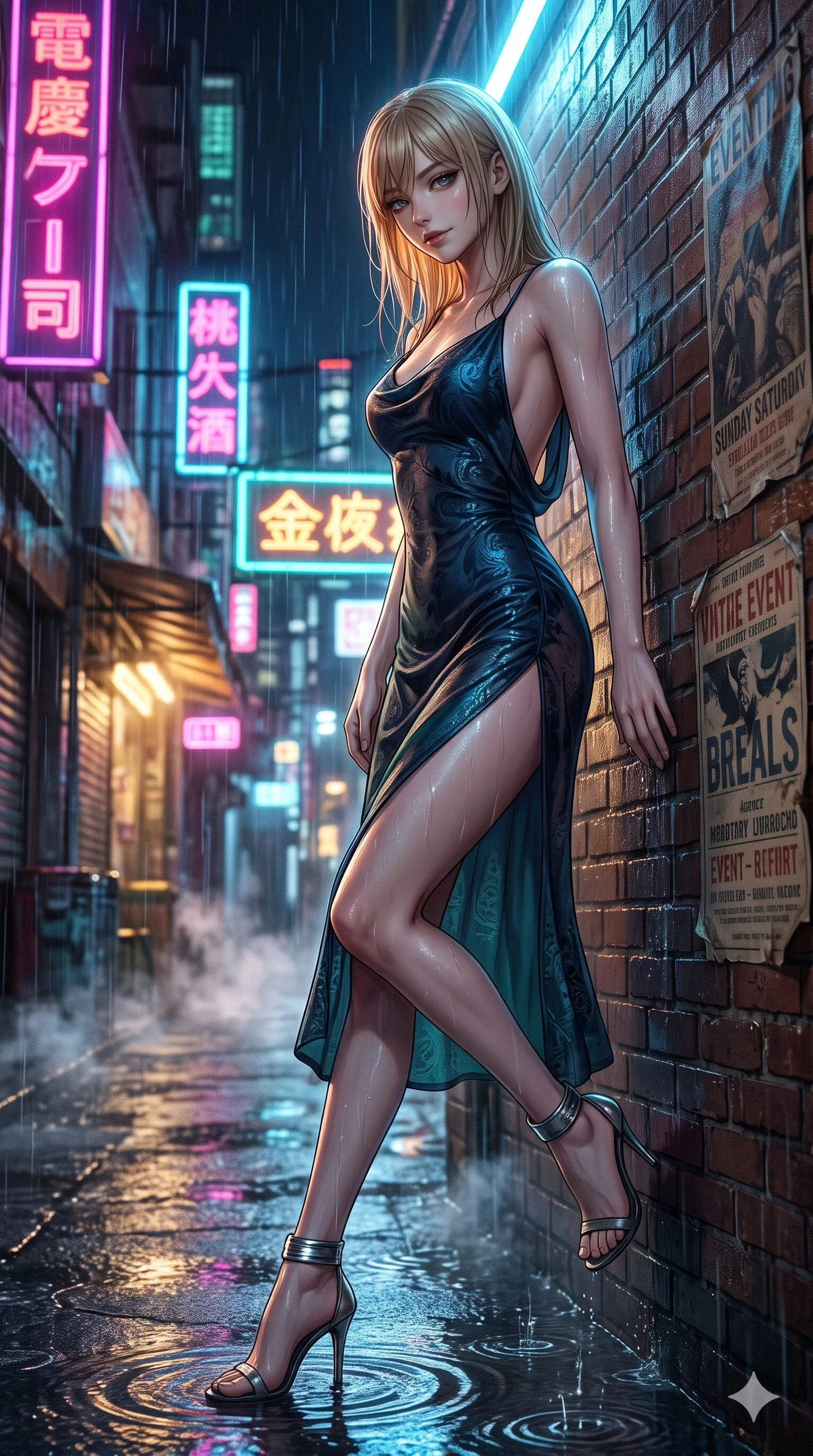 score_9, masterpiece, best quality, ultra-detailed, high-budget anime keyframe, semi-realistic 3D game render, editorial fashion photography, tasteful artistic composition, Japanese woman. low angle full-body shot from head to toe showing her feet, filling the entire 9:16 vertical frame with her statuesque presence, stretching her vertical silhouette. stepping forward into the rain-streaked neon light, head tilted slightly as her smoldering gaze captivates the lens while leaning against the rain-soaked brick wall beneath glowing neon kanji signs, one knee bent as her smoldering gaze holds the camera. The surrounding environment is rendered in vivid detail and crisp panoramic clarity: sharp wet brick texture, peeling vintage event posters, and puddle splash ripples in deep focus. She has an exceptionally tall and slender model-like 8.5-heads proportion, an ultra-slim waist, a flat toned midriff, narrow delicate ribcage, and beautifully sculpted feminine hips creating a graceful, slim hourglass silhouette without any bulky heaviness, with impossibly long slender legs. sharp v-shaped jawline, high-bridge nose, intricate jewel-like dark sparkling eyes with dangerous depth, thick curled eyelashes, glossy parted lips with a rich wine sheen, smoldering seductive half-smile with bedroom-eyes, exuding effortless superiority and intoxicating dark allure, flawlessly proportioned anatomical accuracy, strict slender model proportions, natural body alignment, perfectly sculpted long slender limbs, ultra-slim waistline, clean dynamic posture without body distortion. wearing a form-contouring gossamer silk chiffon slip dress with a hip-high slit and open cowl back clinging with rain-dew in cobalt blue floodlights and warm golden promenade streetlights, tailored from rich silk jacquard with subtle embossed baroque patterns, complemented by strappy stiletto heels with metallic ankle cuffs accentuating her slender calves, the form-fitting cut adhering flawlessly to her sculpted flat midriff and slender torso, emphasizing her long leg lines and perfectly proportioned willowy build. illuminated by steam-lit ground bounce and sharp fuchsia-cyan rim lights defining her razor-sharp jawline, narrow waist, and curvy hips. highly saturated vibrant anime colors, detailed shading with soft gradients, rich glossy textures, high-contrast stereoscopic depth, volumetric dynamic lighting, master piece, 9:16 ratio