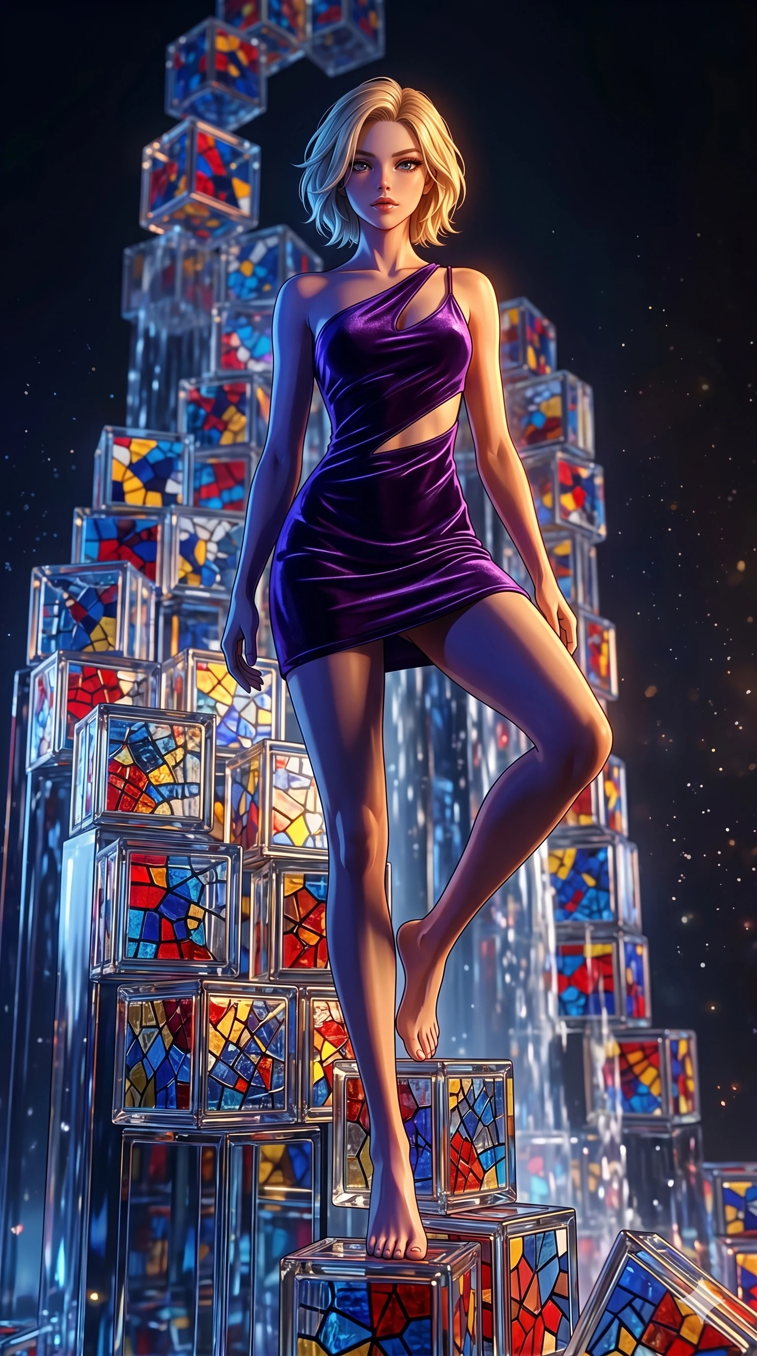 score_9, masterpiece, best quality, ultra-detailed, high-budget anime keyframe, Caucasian woman, strictly human ears. low angle full-body shot filling the entire 9:16 frame with her statuesque presence, stretching the vertical silhouette. balancing on cubist glass blocks that cascade like a waterfall, reflecting complex mosaic patterns and primary colors. She has an absolutely perfect 8-heads proportion, an exceptionally tall and slender female figure with impossibly long slender legs and an ultra-slim waist. V-shaped jawline, high-bridge nose, intricate jewel-like eyes with depth, thick eyelashes, glossy lips with a natural sheen.. wearing an asymmetric liquid velvet slip dress, featuring a wet-look deep purple velvet one-shoulder mini slip with slanted slashed cutouts. accented by dynamic color-blocked lighting with high-contrast shadows emphasizing her statuesque height. 2k, ultra detail, master piece, 9:16 ratio