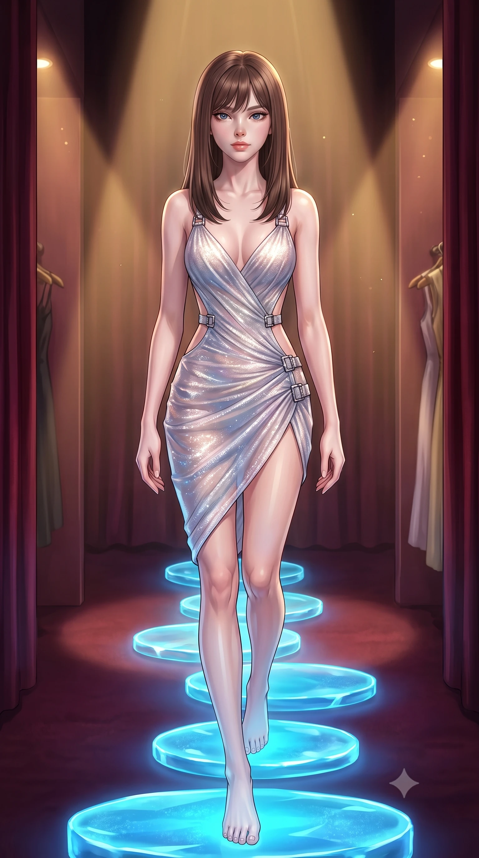 score_9, masterpiece, best quality, ultra-detailed, High-budget Anime Keyframe, East Asian woman. Dynamic full-body shot stretching the vertical silhouette to the limit. Scenario 352: stepping across glowing azure stones in a velvet-lined dressing room illuminated by soft golden spotlights. Her presence is magnetic and overpowering in this high-budget anime scene. Outfit 352: a body-hugging shimmering chiffon bare with a backless design and metallic buckles. The clothing is designed to emphasize her exceptionally tall and slender 8-heads proportion. 8-heads proportion, towering silhouette, ultra-slim waist. sharp v-shaped jawline, intricate jewel-like eyes with depth, thick eyelashes, glossy lips. 2k, ultra detail, master piece, 9:16 ratio