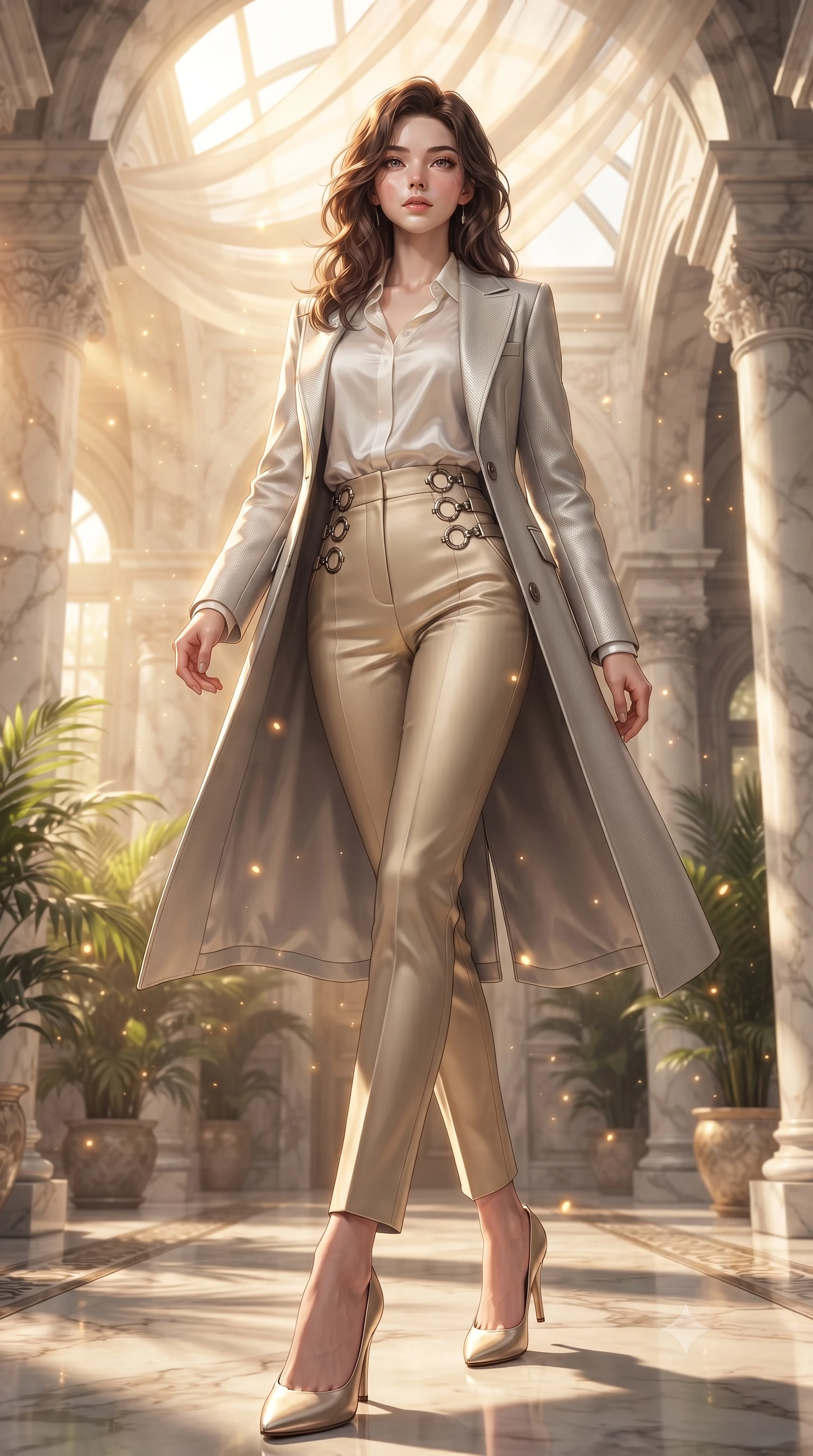 score_9, masterpiece, best quality, ultra-detailed, high-budget anime keyframe, editorial fashion photography, tasteful artistic composition, Korean woman. low angle full-body shot from head to toe showing her feet, filling the entire 9:16 vertical frame with her statuesque presence, stretching her vertical silhouette. interacting with glowing light particles, her long slender legs poised in motion, standing in a private sun-drenched marble solarium under a wavering sheer canopy, dewy natural skin glow under bright sun-drenched lighting. She has an absolutely perfect, statuesque 8.5-heads proportion, an exceptionally tall and slender model-like female figure with impossibly long slender legs and an ultra-slim waist. sharp v-shaped jawline, high-bridge nose, intricate jewel-like eyes with depth, thick eyelashes, glossy lips with a natural sheen. wearing structured platinum leather long coat over white silk blouse and tailored slacks in champagne gold, made of matte carbon-fiber weave, trimmed with dark chrome ring hardware along the waist contours, following her slender form with tailored precision. bathed in warm golden afternoon sunbeams filtering through sheer ivory linen. ultra-reflective glossy finish, specular highlights, metallic sheen, high-contrast stereoscopic depth, volumetric dynamic lighting, 2k, ultra detail, master piece, 9:16 ratio