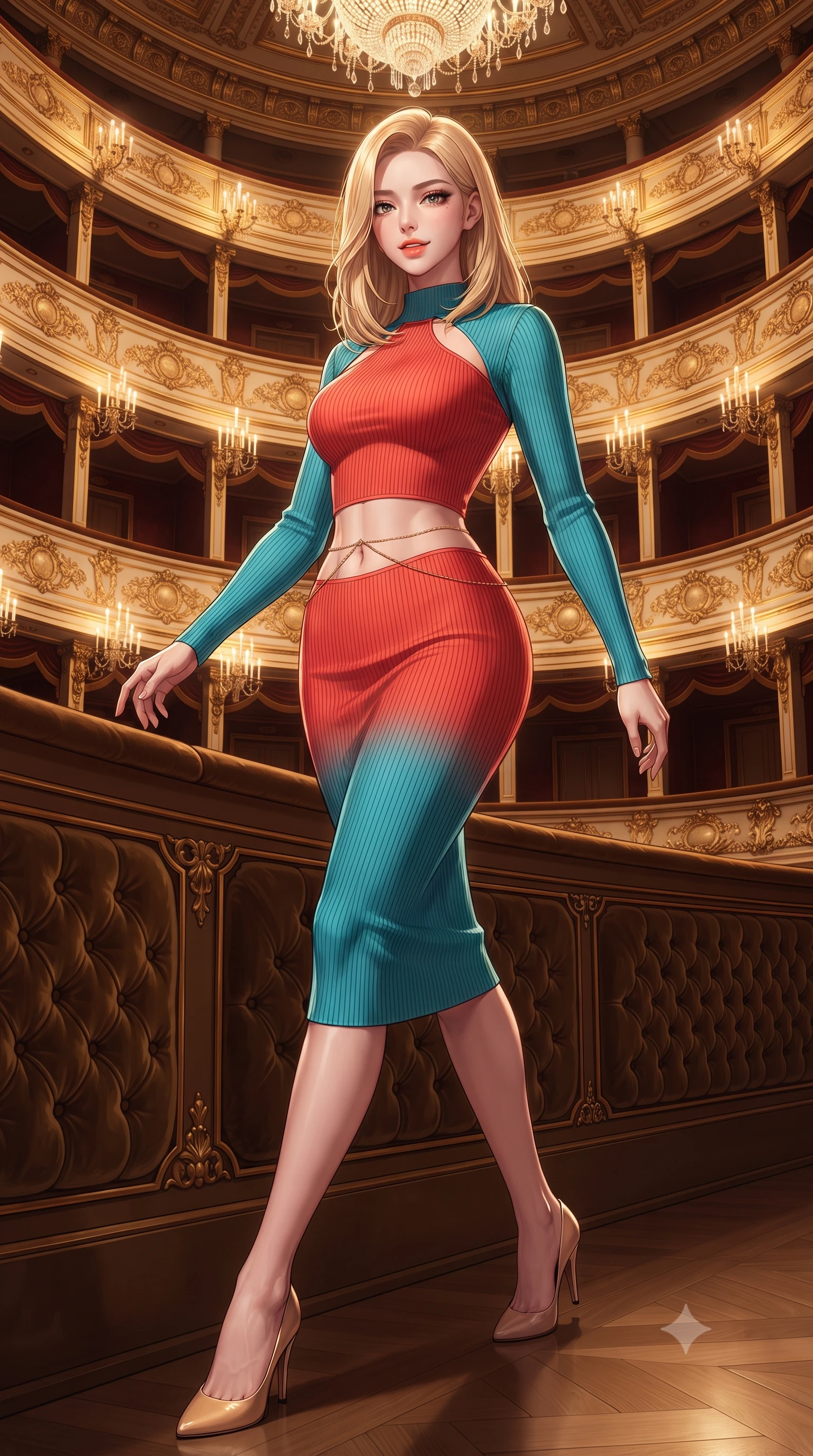 score_9, masterpiece, best quality, ultra-detailed, high-budget anime keyframe, editorial fashion photography, tasteful artistic composition, Korean woman. low angle full-body shot from head to toe showing her feet, filling the entire 9:16 vertical frame with her statuesque presence, stretching her vertical silhouette. stepping forward in a confident stride, her long slender legs and curvaceous hips creating a dynamic, sweeping vertical line while leaning against the velvet-tufted balcony rail with hips cocked back, looking through tiers of gilded opera boxes with smoldering bedroom-eyes. The surrounding environment is rendered in vivid detail and crisp panoramic clarity: detailed evening dress tailoring, lace accents, and opulent European baroque opera craft in high resolution. She has an exceptionally tall and slender model-like 8.5-heads proportion, an ultra-slim waist, a flat toned midriff, narrow delicate ribcage, and beautifully sculpted feminine hips creating a graceful, slim hourglass silhouette without any bulky heaviness, with impossibly long slender legs. sharp v-shaped jawline, high-bridge nose, intricate jewel-like sparkling eyes with depth, thick eyelashes, glossy parted lips with a natural peach sheen, bright cheerful beaming smile with an enchanting and coquettish sensual glint, exuding both youthful cute charm and seductive allure, flawlessly proportioned anatomical accuracy, strict slender model proportions, natural body alignment, perfectly sculpted long slender limbs, ultra-slim waistline, clean dynamic posture without body distortion. wearing an ultra-sleek form-fitting ribbed knit midi dress with elegant collar cutouts contouring her feminine hourglass silhouette in cyber-shinto vermilion and laser turquoise, made of fluid liquid jersey with seamless sculpting hold and smooth contours, accented with a dainty gold belly chain resting across her flat midriff and curving hips, the form-contouring silhouette accentuating her sculpted flat midriff, narrow delicate ribcage, and gracefully curvy hips with intoxicating allure. bathed in the warm radiant 2700K illumination of thousands of crystal chandelier candles and gilded sconces. ultra-reflective glossy finish, specular highlights, rich textural contrasts, high-contrast stereoscopic depth, volumetric dynamic lighting, 2k, ultra detail, master piece, 9:16 ratio