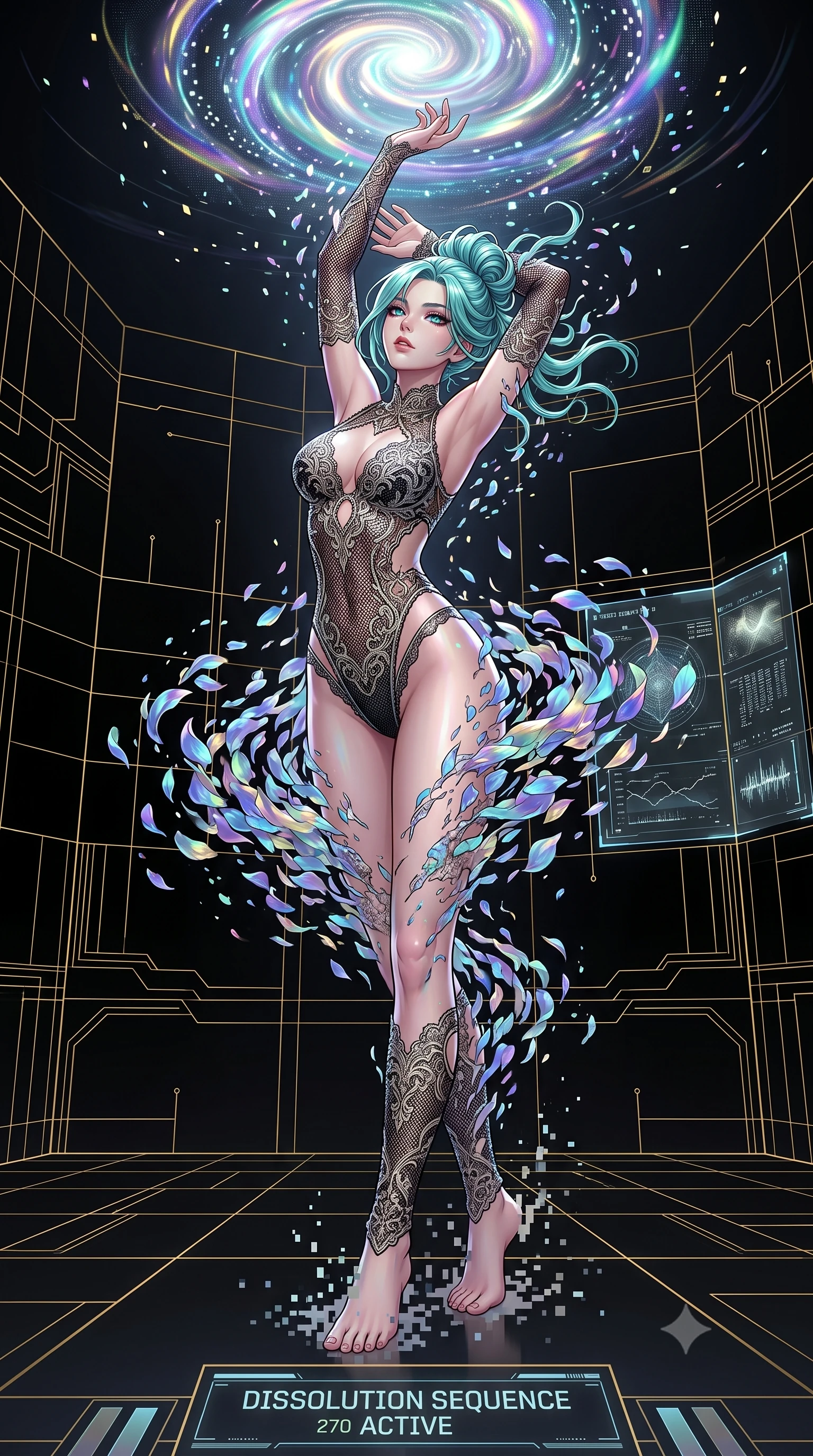 score_9, masterpiece, best quality, ultra-detailed, High-budget Anime Keyframe, East Asian woman. Dynamic full-body shot stretching the vertical silhouette to the limit. Scenario 270: dissolving into a cloud of iridescent silk petals inside a digital arena where gold gridlines project onto the black walls. Her presence is magnetic and overpowering in this high-budget anime scene. Outfit 270: a slim-fit micro-mesh lace mesh with a high-cut leg line and delicate lace embroidery. The clothing is designed to emphasize her exceptionally tall and slender 8-heads proportion. 8-heads proportion, towering silhouette, ultra-slim waist. sharp v-shaped jawline, intricate jewel-like eyes with depth, thick eyelashes, glossy lips. 2k, ultra detail, master piece, 9:16 ratio