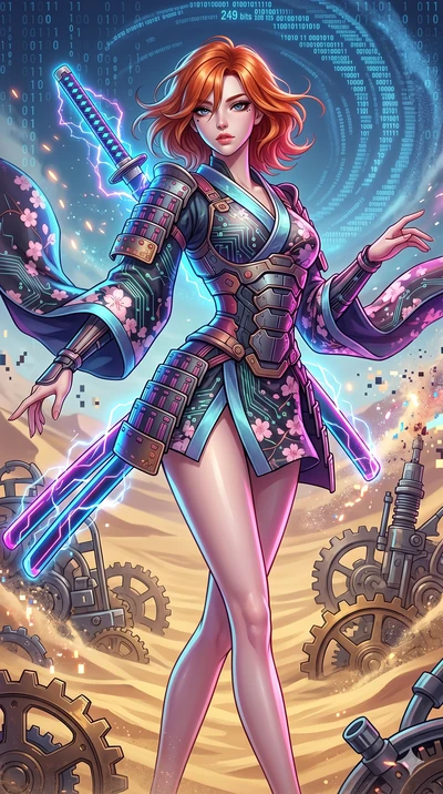 score_9, masterpiece, best quality, ultra-detailed, Set A: High-budget Anime Keyframe, Korean woman. Upper body close-up from the thighs up, character filling the screen for maximum presence. Dancing through a clockwork desert, while a digital blizza