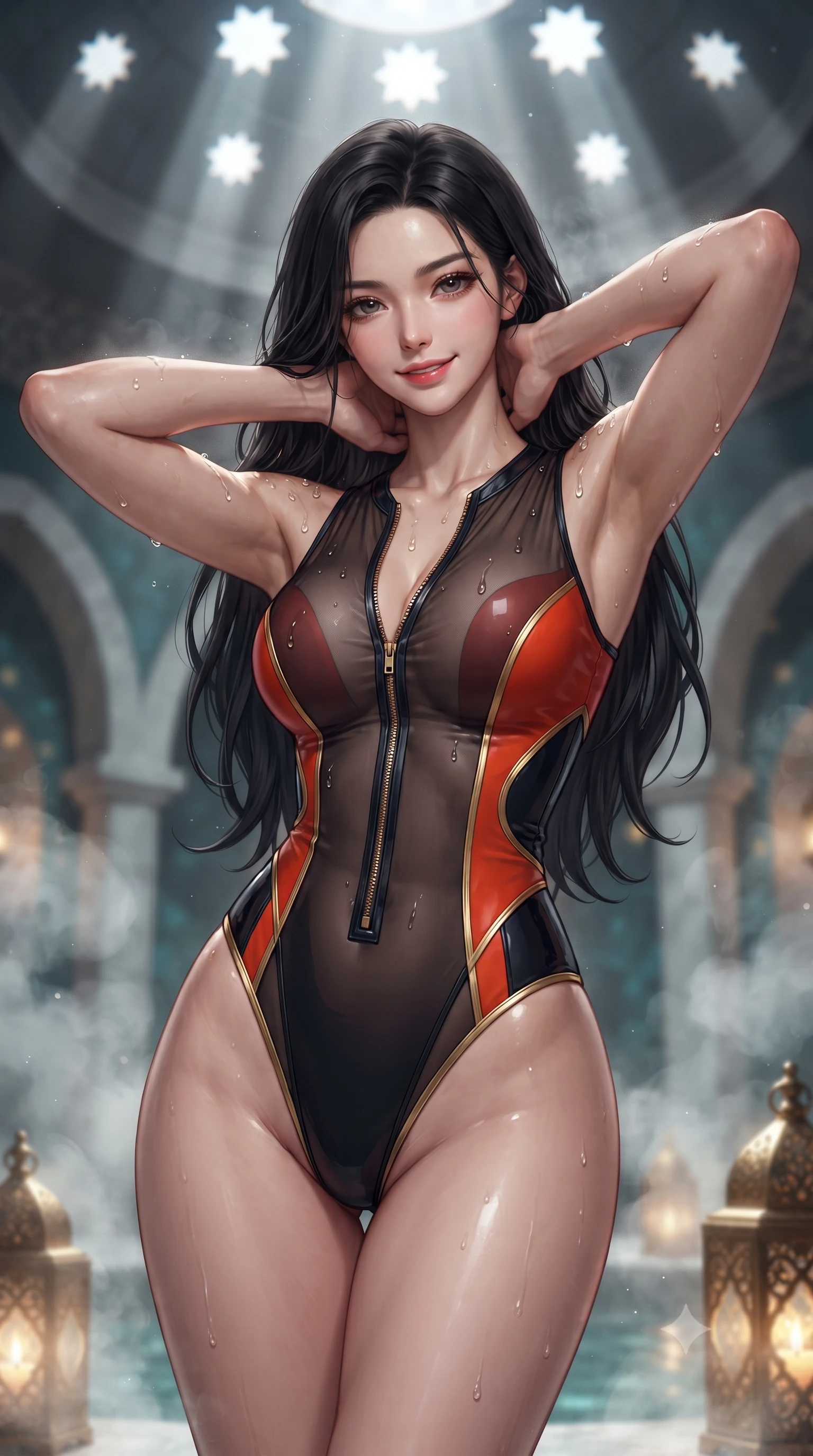 score_9, masterpiece, best quality, ultra-detailed, high-budget anime keyframe, editorial fashion photography, tasteful artistic composition, Korean woman. close-up cowboy shot from the waist and thighs up, the character dominates the composition, filling the frame with her large presence. resting both hands lightly behind her neck with elbows raised, arching her spine to highlight her narrow waist, flat midriff, and breathtaking collarbones while twisting her slender torso in an alluring contrapposto stance, glowing pierced brass lanterns and rising mineral steam tracing her curves. The background shows a soft-focus billowing eucalyptus steam clouds, pierced star-shaped glass openings in domed ceiling casting beams of light, and vaulted arches blurred into pearl, turquoise, and amber bokeh. She has an exceptionally elegant, slender, and willowy female figure with an ultra-slim waist, flat toned midriff, narrow ribcage, and sculpted feminine hips creating an alluring, slim hourglass silhouette without bulk. sharp v-shaped jawline, high-bridge nose, sparkling eyes with hypnotic seductive depth, thick curled eyelashes, glossy parted lips with a natural dewy peach sheen, alluring bedroom-eyes with an enchanting coquettish smile, exuding magnetic siren charisma and sophisticated glamour, flawlessly proportioned anatomical accuracy, strict slender model proportions, natural body alignment, perfectly sculpted long slender limbs, ultra-slim waistline, clean dynamic posture without body distortion. wearing a form-contouring wet-look neoprene zip-front maillot with high-cut leg openings and gold racing side trims in Pudong electric vermilion and obsidian lacquer, made of sheer gossamer chiffon that drapes softly against skin with airy translucence, finished with glistening drops of lagoon or spa water beading across her sculpted shoulders and collarbones, the liquid-tight tailored fabric clinging flawlessly to her narrow waist and rounded feminine hips, emphasizing every millimeter of her sculpted slim hourglass curves without any bulky heaviness. illuminated by wet marble reflection bounce and sharp champagne-gold rim lights defining her delicate clavicles, ultra-slim waist, and curvy hips. ultra-reflective glossy finish, specular highlights, rich textural contrasts, high-contrast stereoscopic depth, volumetric dynamic lighting, 2k, ultra detail, master piece, 9:16 ratio