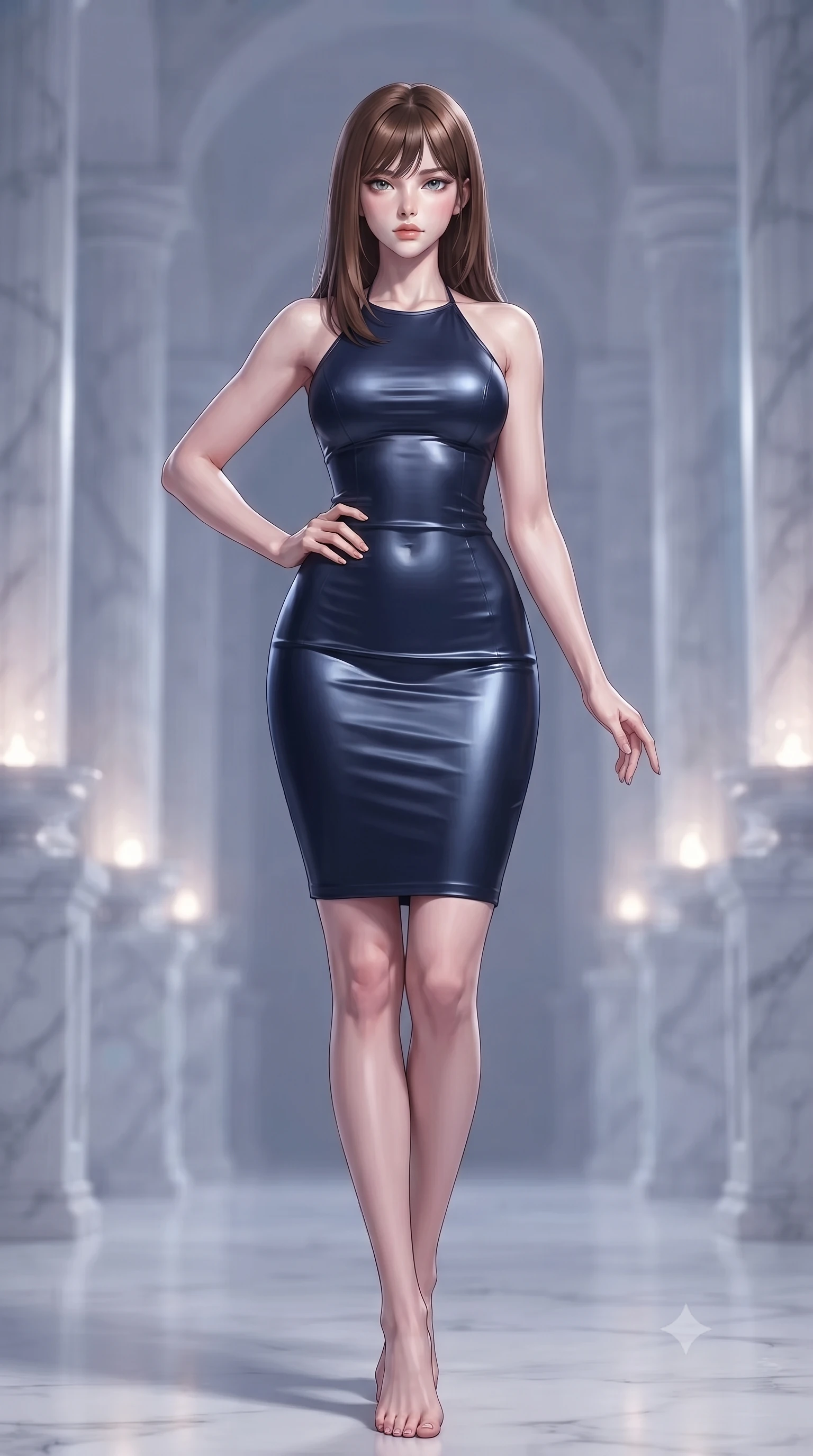 score_9, masterpiece, best quality, ultra-detailed, high-budget anime keyframe, editorial fashion photography, tasteful artistic composition, Korean woman. low angle full-body shot from head to toe showing her feet, filling the entire 9:16 vertical frame with her statuesque presence, stretching her vertical silhouette. posing confidently with one hand on her hip, stretching her statuesque body to emphasize her curves the background shows a soft-focus a quiet sanctuary terrace lined with white marble pillars and glowing starlight urns. She has an absolutely perfect, statuesque 8.5-heads proportion, an exceptionally tall and slender model-like female figure with impossibly long slender legs and an ultra-slim waist. sharp v-shaped jawline, high-bridge nose, intricate jewel-like eyes with depth, thick eyelashes, glossy lips with a natural sheen. wearing a slim-fit form-fitting halter dress in deep navy blue, contouring her athletic, slender build. soft diffused ambient starlight casting gentle shadows across her form. ultra-reflective glossy finish, specular highlights, metallic sheen, high-contrast stereoscopic depth, volumetric dynamic lighting, 2k, ultra detail, master piece, 9:16 ratio