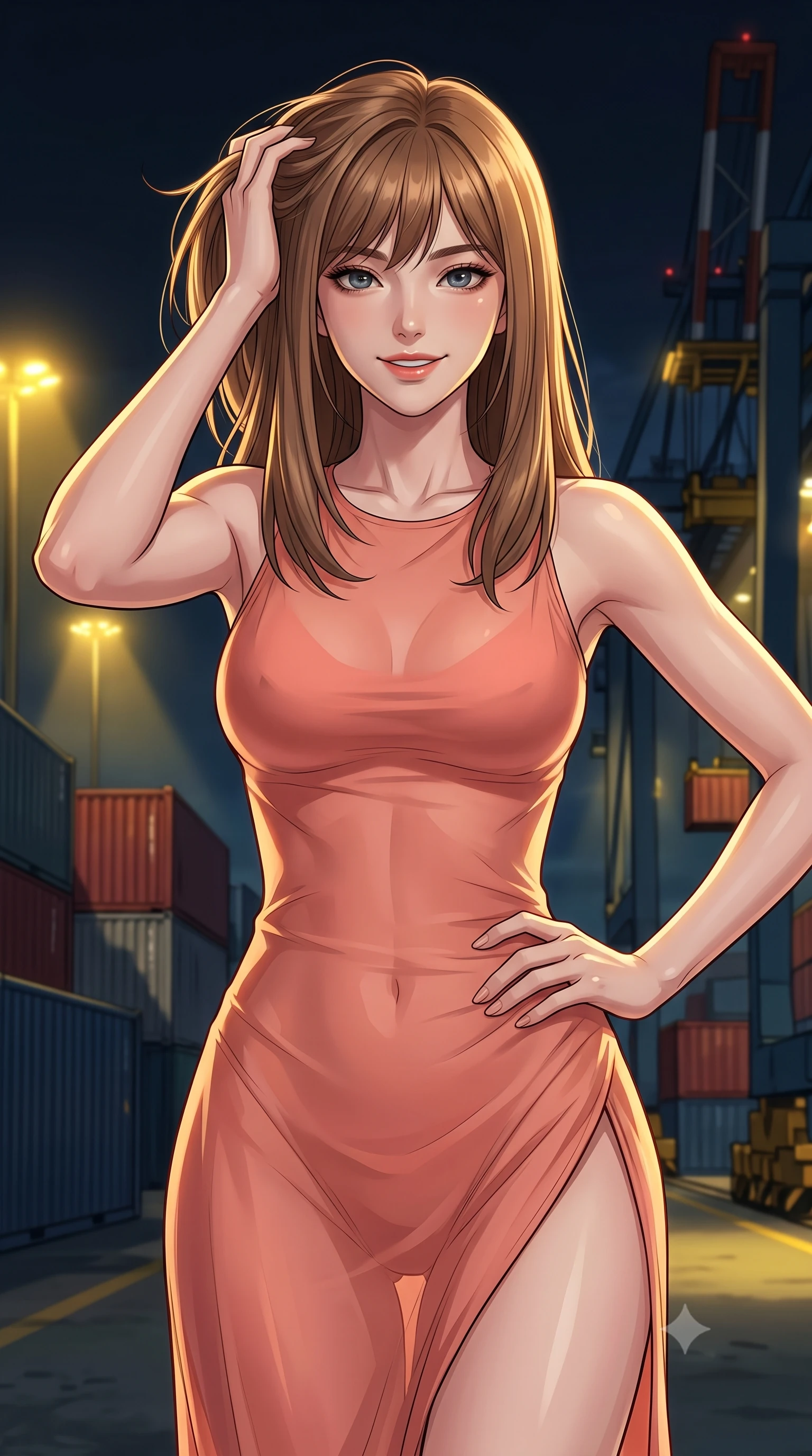 score_9, masterpiece, best quality, ultra-detailed, high-budget anime keyframe, tasteful artistic composition, Korean woman. close-up cowboy shot from the waist and thighs up, the character dominates the composition, filling the frame with her large presence, background elements kept in soft focus. smiling with quiet, magnetic self-assurance directly into the camera, running a hand through her hair the background shows a soft-focus a dark industrial docks area with shipping containers and automated cargo cranes. She has an exceptionally elegant, slender, and willowy female figure with an ultra-slim waist, a gracefully sculpted slender torso, and a refined silhouette. sharp v-shaped jawline, high-bridge nose, intricate jewel-like eyes with depth, thick eyelashes, glossy lips with a natural sheen. wearing a slim-fit high-slit sheer chiffon resort dress in soft coral, revealing the contours of her athletic build through the fabric. harsh sodium yellow spotlights casting long dramatic industrial shadows. highly saturated vibrant anime colors, cel-shading, 2d style, master piece, 9:16 ratio