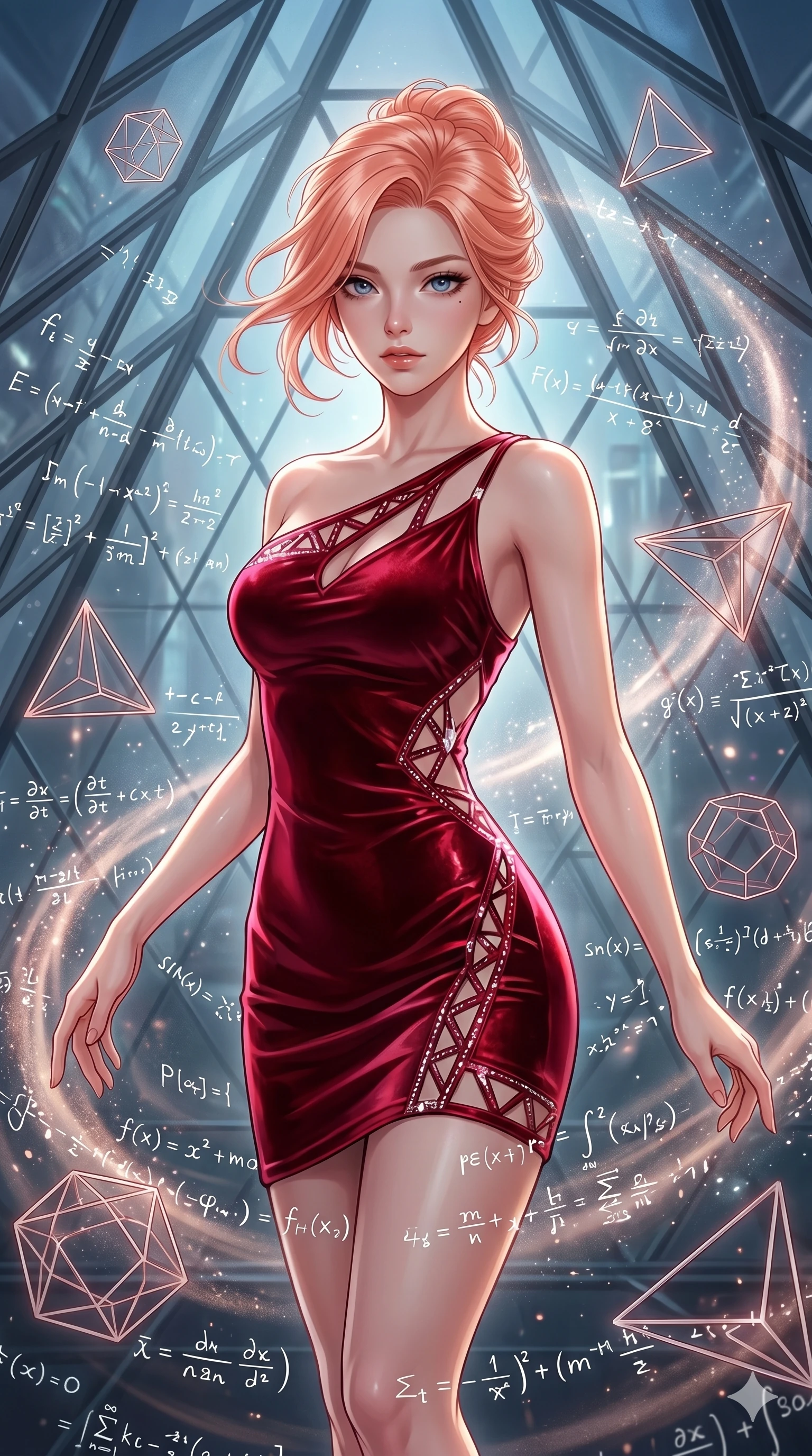 score_9, masterpiece, best quality, ultra-detailed, high-budget anime keyframe, editorial fashion photography, tasteful artistic composition, Japanese woman. upper body close-up from the thighs up, character filling the screen for maximum presence. swirling in a vortex of inside a geometric glass pyramid surrounded by floating mathematical equations while floating geometrical wireframes rotate and pulse in synch. She has an absolutely perfect 8-heads proportion, an exceptionally tall and slender female figure with impossibly long slender legs and an ultra-slim waist. V-shaped jawline, high-bridge nose, intricate jewel-like eyes with depth, thick eyelashes, glossy lips with a natural sheen.. wearing an asymmetric liquid velvet slip dress, featuring a wet-look deep crimson red velvet one-shoulder mini slip with asymmetric geometric cutout trim. illuminated by dramatic chiaroscuro casting soft shadows along her curves, with vibrant backlighting highlighting the dust particles. 2k, ultra detail, master piece, 9:16 ratio