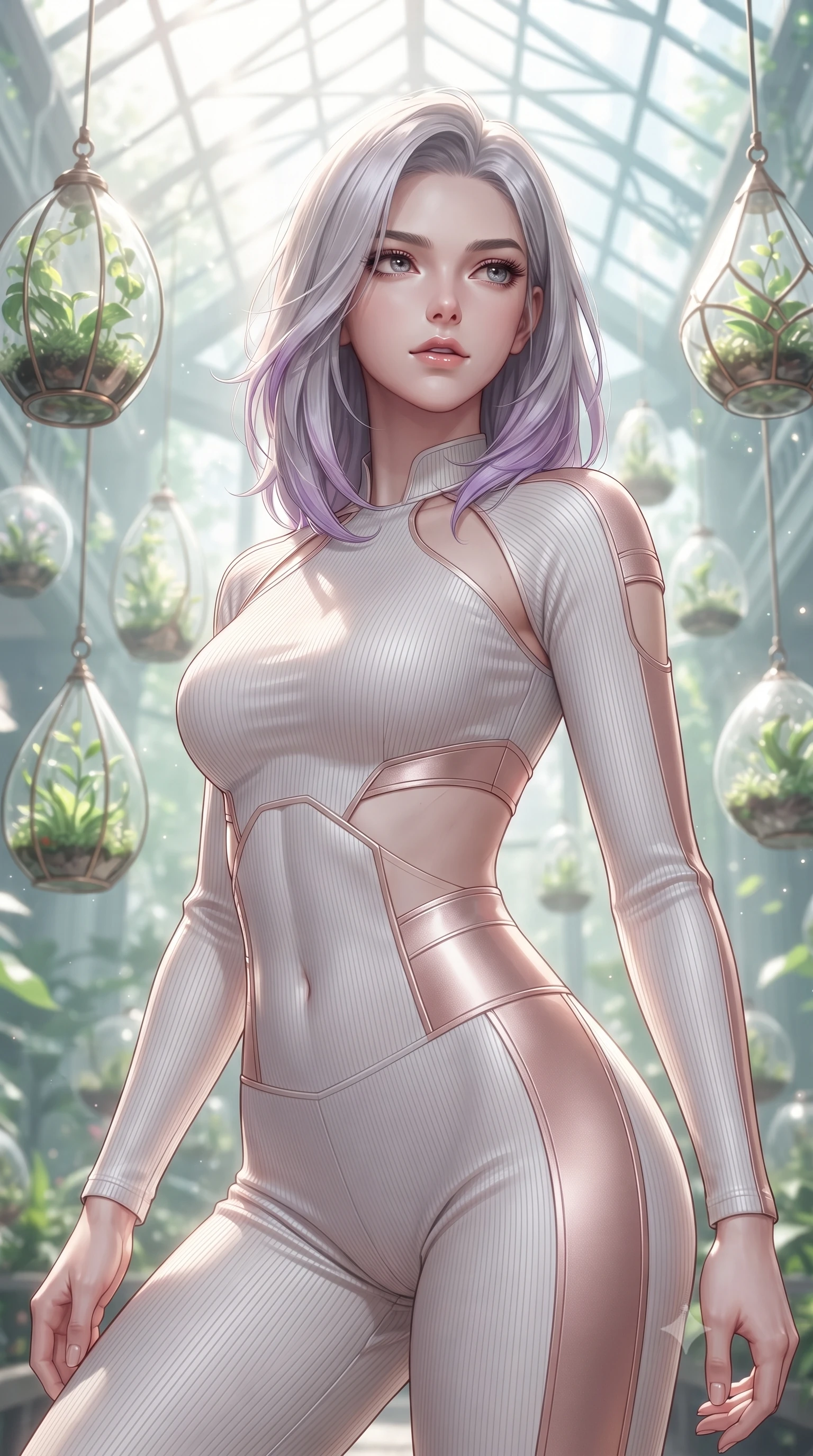 score_9, masterpiece, best quality, ultra-detailed, high-budget anime keyframe, editorial fashion photography, tasteful artistic composition, Caucasian woman. close-up cowboy shot from the waist and thighs up, the character dominates the composition, filling the frame with her large presence, background elements kept in soft focus. Gazing past the camera with an air of effortless elegance and mysterious confidence surrounded by floating glass terrariums and radiant biomorphic vines, intense volumetric sunbeams filtering through the glass ceiling. She has an exceptionally elegant, slender, and willowy female figure with an ultra-slim waist, a gracefully sculpted slender torso, and a refined silhouette. sharp v-shaped jawline, high-bridge nose, intricate jewel-like eyes with depth, thick eyelashes, glossy lips with a natural sheen. wearing a form-fitting ribbed activewear set with collar cutouts in pearl white and rose gold, formed from sleek second-skin neoprene, featuring subtle geometric cutouts that highlight her ultra-slim midriff, the sleek second-skin texture accentuating her magnetic presence. surrounded by a bright, airy ambiance with radiant white and green highlights. ultra-reflective glossy finish, specular highlights, metallic sheen, high-contrast stereoscopic depth, volumetric dynamic lighting, 2k, ultra detail, master piece, 9:16 ratio