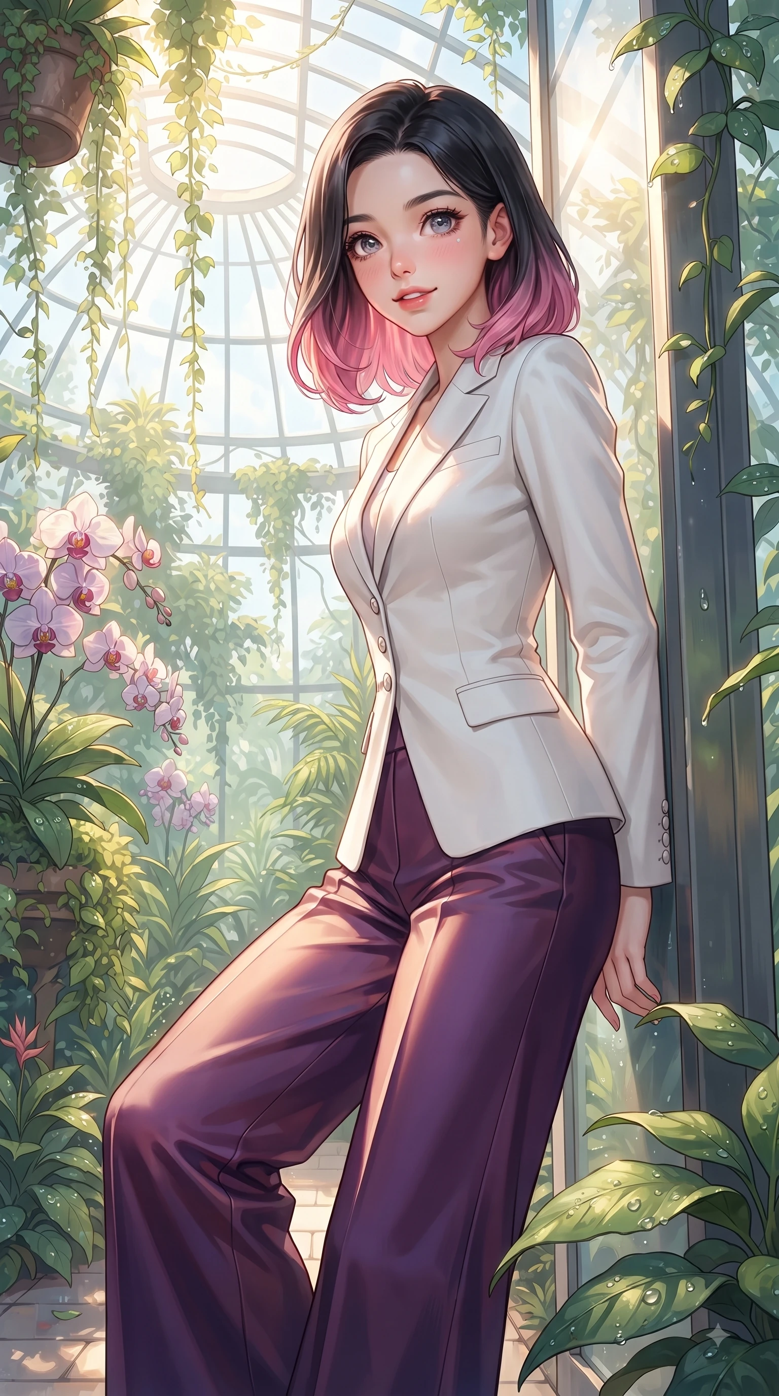 score_9, masterpiece, best quality, ultra-detailed, high-budget anime keyframe, editorial fashion photography, tasteful artistic composition, Korean woman. close-up cowboy shot from the waist and thighs up, the character dominates the composition, filling the frame with her large presence. Expectant hopeful expression with wide sparkling eyes and a soft eager smile as if waiting for a loved one while leaning against a sunlit glass wall surrounded by exotic orchids and cascading vines. The surrounding environment is rendered in vivid detail and crisp panoramic clarity. intricate glasshouse steel dome architecture, tropical plant leaf textures, and dewdrop details in crisp resolution. She has an exceptionally elegant, slender, and willowy female figure with an ultra-slim waist, a gracefully sculpted slender torso, and a refined silhouette. sharp v-shaped jawline, high-bridge nose, intricate jewel-like eyes with depth, thick eyelashes, glossy lips with a natural sheen, flawlessly proportioned anatomical accuracy, natural body alignment, perfectly sculpted elegant limbs, clean dynamic posture without body distortion. wearing a crisp monochrome white tailored suit jacket paired with wide-leg trousers in deep amethyst purple and rose gold, crafted from smooth liquid silk satin, accented with delicate pearl buttons and refined ruffle trims, the form-contouring material accentuating her ultra-slim waist and long lines. illuminated by fresh botanical ambient glow with organic leaf stencil shadows. ultra-reflective glossy finish, specular highlights, metallic sheen, high-contrast stereoscopic depth, volumetric dynamic lighting, 2k, ultra detail, master piece, 9:16 ratio