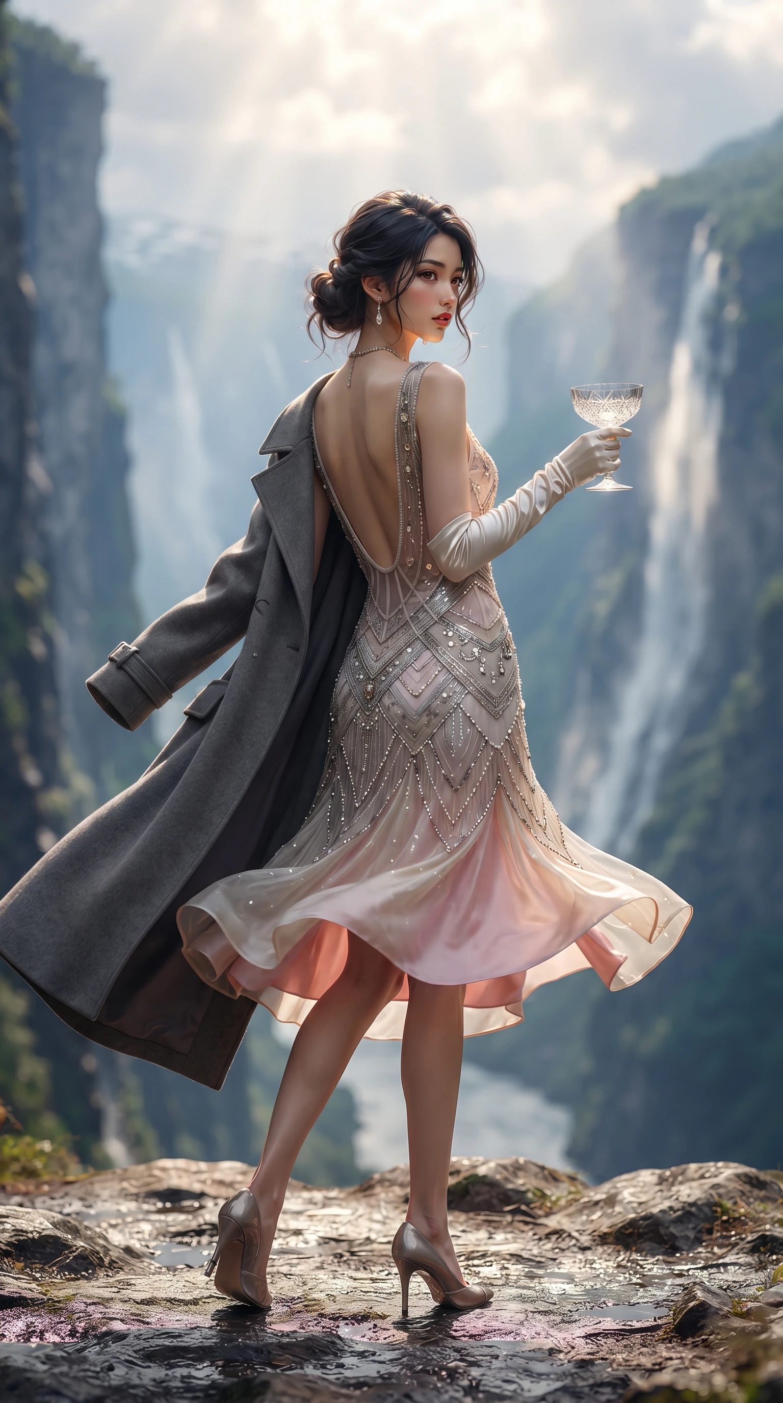 score_9, masterpiece, best quality, ultra-detailed, high-budget anime keyframe, semi-realistic 3D game render, editorial fashion photography, tasteful artistic composition, Japanese woman. low angle full-body shot from head to toe showing her feet, filling the entire 9:16 vertical frame with her statuesque presence, stretching her vertical silhouette. executing an elegant mid-motion pivot turn as garments swirl around her slender limbs, glancing over her shoulder with an intoxicating bedroom-gaze while turning in an alluring contrapposto stance as alpine winds whip her long coat, gazing toward the roaring Seven Sisters waterfalls across the chasm. The composition keeps background elements in soft focus with creamy bokeh. sheer vertical fjord rock walls and cascading waterfalls blurred into deep cobalt, emerald, and misty white bokeh. She has an exceptionally tall and slender model-like 8.5-heads proportion, an ultra-slim waist, a flat toned midriff, narrow delicate ribcage, and beautifully sculpted feminine hips creating a graceful, slim hourglass silhouette without any bulky heaviness, with impossibly long slender legs. sharp v-shaped jawline, high-bridge nose, intricate jewel-like eyes with depth, thick eyelashes, glossy parted lips with a natural sheen, intensely captivating and seductive bedroom-eyes expression, flawlessly proportioned anatomical accuracy, strict slender model proportions, natural body alignment, perfectly sculpted long slender limbs, ultra-slim waistline, clean dynamic posture without body distortion. wearing a sheer vintage mesh flapper dress adorned with intricate geometric beadwork over an opaque silk slip in sakura blossom pink and warm ivory, made of fluid silk crepe with delicate inner corsetry boning, accessorized with opera-length satin gloves and a vintage crystal glass, the dramatically scooped open back descending to the base of her spine, accentuating her razor-sharp statuesque lines and slim hourglass silhouette. bathed in dramatic Scandinavian late afternoon sunbeams breaking through high alpine clouds. highly saturated vibrant anime colors, detailed shading with soft gradients, rich glossy textures, high-contrast stereoscopic depth, volumetric dynamic lighting, master piece, 9:16 ratio