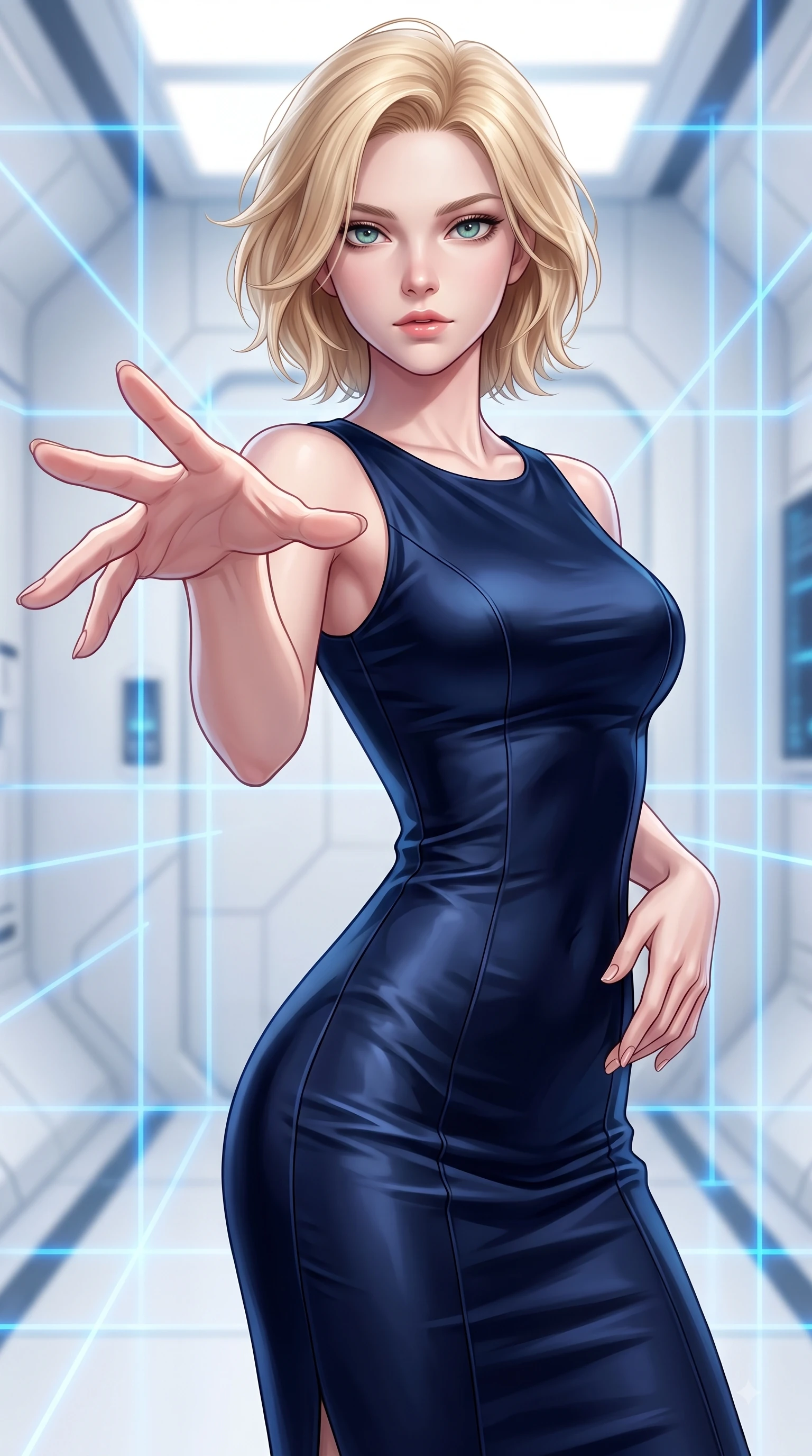 score_9, masterpiece, best quality, ultra-detailed, high-budget anime keyframe, editorial fashion photography, tasteful artistic composition, Caucasian woman woman. close-up cowboy shot from the waist and thighs up, the character dominates the composition, filling the frame with her large presence, background elements kept in soft focus. She has an exceptionally elegant, slender, and willowy female figure with an ultra-slim waist, a gracefully sculpted slender torso, and a refined silhouette. reaching one hand toward the viewer with relaxed elegance, her gaze holding quiet authority, flawlessly proportioned anatomical accuracy, natural body alignment, perfectly sculpted elegant limbs, clean dynamic posture without body distortion. set against a soft-focus background of a high-tech cleanroom with white composite walls and laser grids. wearing a sleek midnight navy silk column dress with form-contouring tailored seams. bathed in crisp high-key white ambient light with focused blue laser gridlines. highly saturated vibrant anime colors, detailed shading with soft gradients, rich glossy textures, high-contrast stereoscopic depth, volumetric dynamic lighting, master piece, 9:16 ratio