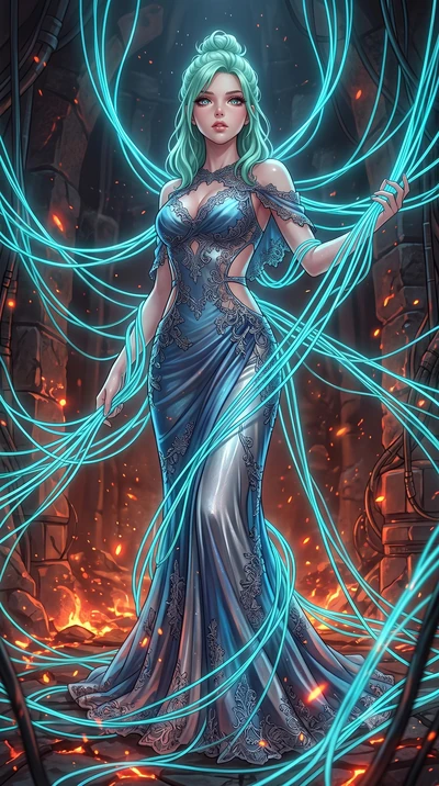 score_9, masterpiece, best quality, ultra-detailed, High-budget Anime Keyframe, East Asian woman. Low angle cowboy shot filling the entire 9:16 frame with her statuesque presence. Scenario 366: tangled in a web of glowing cyan fiber-optic cables insi