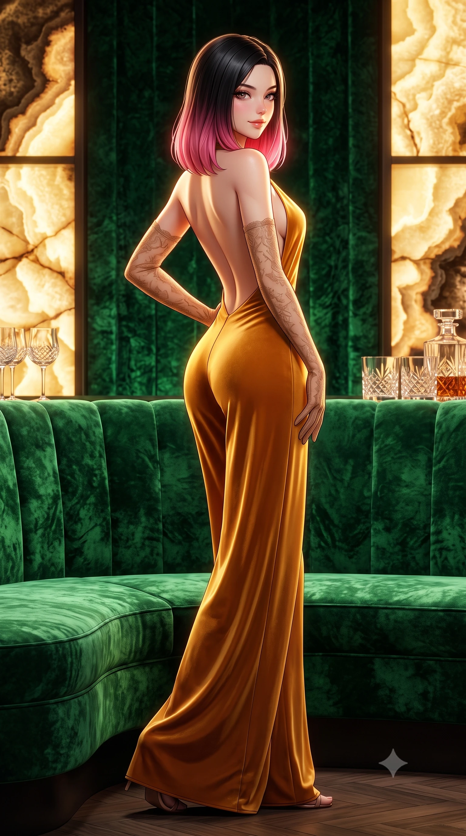 score_9, masterpiece, best quality, ultra-detailed, high-budget anime keyframe, semi-realistic 3D game render, editorial fashion photography, tasteful artistic composition, Korean woman. low angle full-body shot from head to toe showing her feet, filling the entire 9:16 vertical frame with her statuesque presence, stretching her vertical silhouette. executing a slow, graceful pivot turn as her silk gown sways around her slender legs, glancing back with an enchanting, teasing sensual expression while lounging across an emerald-green curved velvet banquette with legs crossed, arching her lower back with magnetic femme fatale elegance. The surrounding environment is rendered in vivid detail and crisp panoramic clarity: sharp crushed velvet pile texture, backlit onyx stone pattern, and cut-crystal glassware facet clarity in deep focus. She has an absolutely perfect, statuesque 8.5-heads proportion, an exceptionally tall and slender model-like female figure with impossibly long slender legs, an ultra-slim waist, a flat toned midriff, narrow delicate ribcage, and beautifully sculpted feminine hips creating a graceful, slim hourglass silhouette without any bulky heaviness. sharp v-shaped jawline, high-bridge nose, sparkling eyes with hypnotic seductive depth, thick curled eyelashes, glossy parted lips with a natural dewy peach sheen, alluring bedroom-eyes with an enchanting coquettish smile, exuding magnetic siren charisma and sophisticated high-fashion glamour, flawlessly proportioned anatomical accuracy, strict slender model proportions, natural body alignment, perfectly sculpted long slender limbs, ultra-slim waistline, clean dynamic posture without body distortion. wearing a backless plunge-front silk satin jumpsuit with fluid wide-leg silhouette and side hip cutouts in warm amber honey and antique gold leaf, tailored from ultra-plush velvet with rich tactile depth and deep shadow gradients, complemented by sheer opera-length lace evening gloves tracing her slender arms, the liquid-tight tailored fabric clinging flawlessly to her narrow waist and rounded feminine hips, emphasizing every millimeter of her sculpted slim hourglass curves without any bulky heaviness. illuminated by backlit onyx bar glow and sharp warm-gold rim lights defining her razor-sharp jawline, ultra-slim waist, and curvy hips. highly saturated vibrant anime colors, detailed shading with soft gradients, rich glossy textures, high-contrast stereoscopic depth, volumetric dynamic lighting, master piece, 9:16 ratio