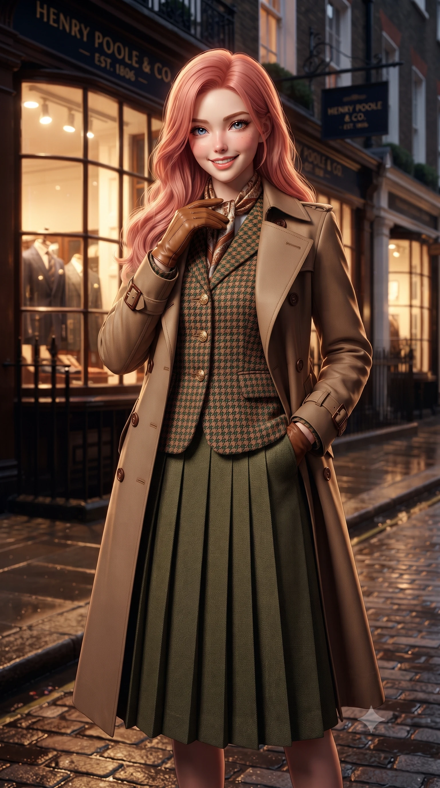 score_9, masterpiece, best quality, ultra-detailed, high-budget anime keyframe, editorial fashion photography, tasteful artistic composition, Japanese woman. close-up cowboy shot from the waist and thighs up, the character dominates the composition, filling the frame with her large presence. touching her silk scarf with delicate fingertips while casting an affectionate, warm glance toward the lens while pausing in front of the warm bay window of a heritage Savile Row tailor shop, one hand slipped gracefully into her tailored coat pocket. The surrounding environment is rendered in vivid detail and crisp panoramic clarity: detailed double-breasted trench coat stitching, tortoiseshell buckle accents, and Mayfair heritage streetscape in razor-sharp precision. She has an exceptionally elegant, slender, and willowy female figure with an ultra-slim waist, flat toned midriff, narrow ribcage, and sculpted feminine hips creating an alluring, slim hourglass silhouette without bulk. sharp v-shaped jawline, high-bridge nose, intricate jewel-like sparkling eyes with depth, thick eyelashes, glossy parted lips with a natural peach sheen, bright cheerful beaming smile with an enchanting and coquettish sensual glint, exuding both youthful cute charm and seductive allure, flawlessly proportioned anatomical accuracy, strict slender model proportions, natural body alignment, perfectly sculpted long slender limbs, ultra-slim waistline, clean dynamic posture without body distortion. wearing a structured houndstooth tweed jacket with gold embossed buttons and a matching pleated A-line midi skirt in heritage British racing green and warm cognac brown, tailored from fine wool gabardine with crisp permanent pleats and sharp drape, complemented by buttery leather gloves held delicately in one manicured hand, the streamlined silhouette following her natural slender proportions with sophisticated poise, enhancing her tall willowy presence. illuminated by wet pavement specular reflections and crisp silver-amber rim lights accentuating her tall slender frame and cheekbones. ultra-reflective glossy finish, specular highlights, rich textural contrasts, high-contrast stereoscopic depth, volumetric dynamic lighting, 2k, ultra detail, master piece, 9:16 ratio