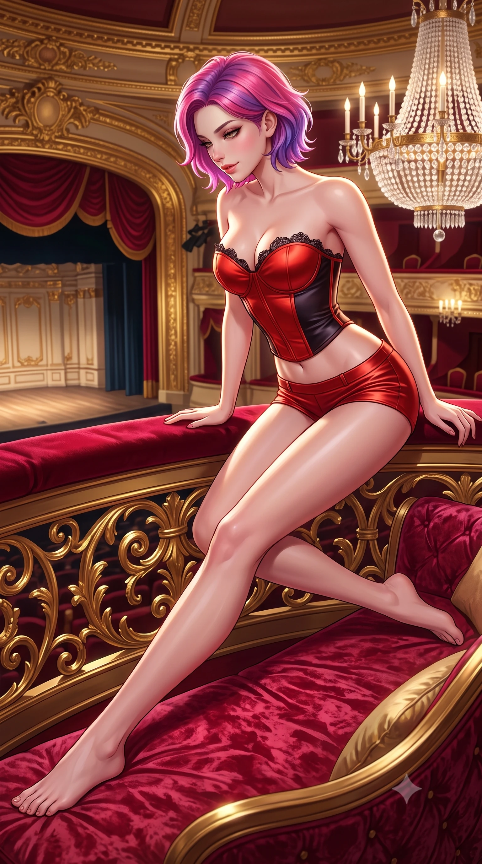 score_9, masterpiece, best quality, ultra-detailed, high-budget anime keyframe, semi-realistic 3D game render, editorial fashion photography, tasteful artistic composition, Caucasian woman. low angle full-body shot from head to toe showing her feet, filling the entire 9:16 vertical frame with her statuesque presence, stretching her vertical silhouette. reclining gracefully across the plush chaise lounge with one leg extended, her sculpted silhouette and flat midriff radiating magnetic nocturnal glamour while leaning forward against the plush crimson velvet railing of the royal box while arching her lower back to accentuate her curvy hips, looking down at the stage with smoldering eyes. The surrounding environment is rendered in vivid detail and crisp panoramic clarity: sharp crushed crimson velvet pile, 24-karat gold leaf scrollwork, and cut-crystal chandelier facets in deep focus. She has an absolutely perfect, statuesque 8.5-heads proportion, an exceptionally tall and slender model-like female figure with impossibly long slender legs, an ultra-slim waist, a flat toned midriff, narrow delicate ribcage, and beautifully sculpted feminine hips creating a graceful, slim hourglass silhouette without any bulky heaviness. sharp v-shaped jawline, high-bridge nose, sparkling eyes with hypnotic seductive depth, thick curled eyelashes, glossy parted lips with a natural dewy peach sheen, alluring bedroom-eyes with an enchanting coquettish smile, exuding magnetic siren charisma and sophisticated glamour, flawlessly proportioned anatomical accuracy, strict slender model proportions, natural body alignment, perfectly sculpted long slender limbs, ultra-slim waistline, clean dynamic posture without body distortion. wearing a strapless boned satin corset bodice paired with low-waisted tailored satin hot-pants in Pudong electric vermilion and obsidian lacquer, woven from buttery-soft stretch lambskin leather adhering to her body like a second skin, finished with scalloped eyelash lace trim framing her sweetheart neckline with intimate elegance, the glove-like clinging cut tightly following the natural contour of her hips and long slender legs with youthful 8.5-heads elegance. illuminated by gilded railing reflection bounce and sharp royal-gold rim lights sculpting her razor-sharp jawline, narrow waist, and curvy hips. highly saturated vibrant anime colors, detailed shading with soft gradients, rich glossy textures, high-contrast stereoscopic depth, volumetric dynamic lighting, master piece, 9:16 ratio