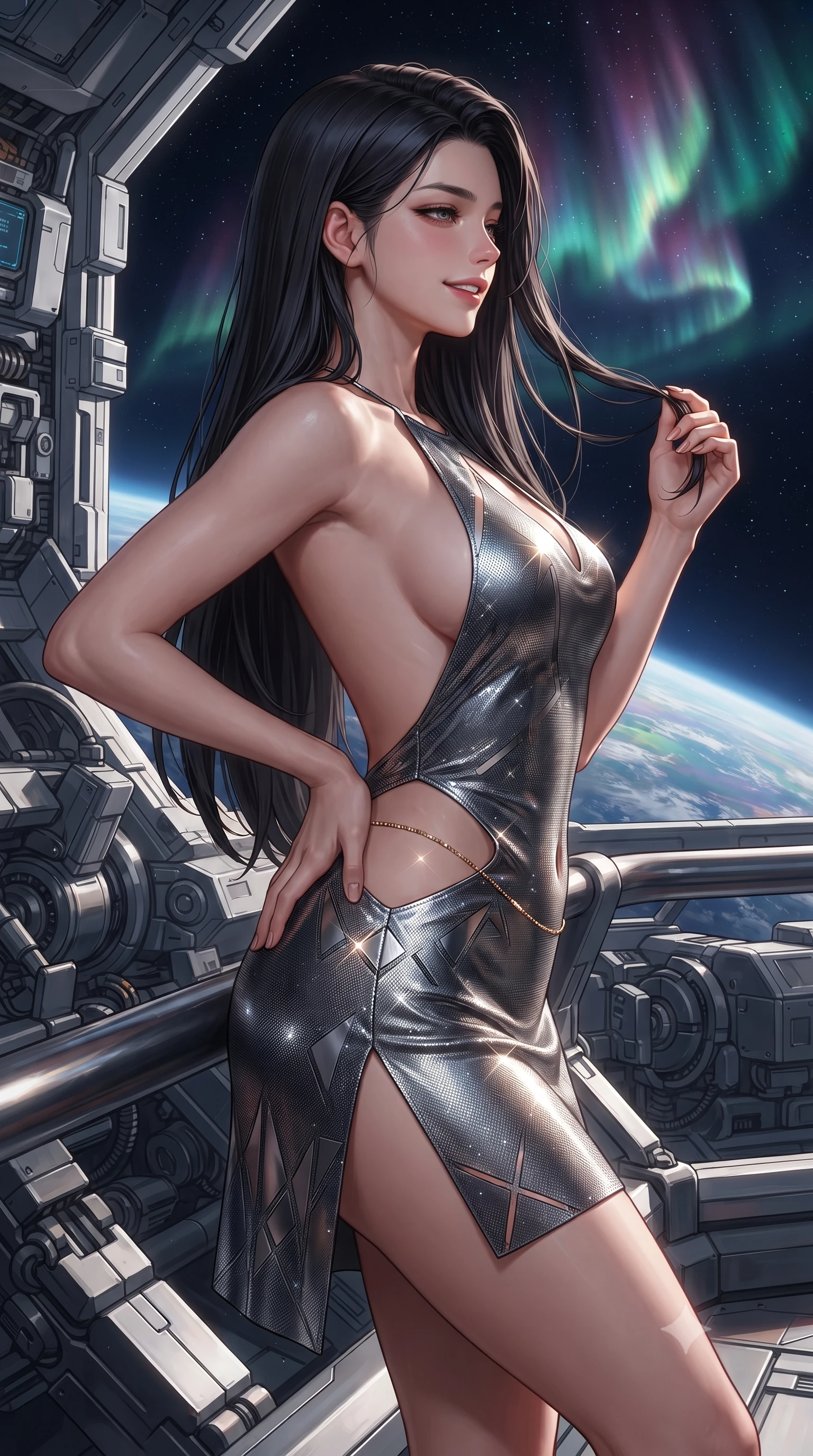 score_9, masterpiece, best quality, ultra-detailed, high-budget anime keyframe, editorial fashion photography, tasteful artistic composition, Korean woman. close-up cowboy shot from the waist and thighs up, the character dominates the composition, filling the frame with her large presence. twisting her slender torso in an alluring contrapposto stance, one hand resting on her sculpted hip while her fingers toy with her hair with effortless poise while leaning against the magnetic safety rail with hips cocked back, looking through the deep space void at swirling auroral storms with heavy-lidded bedroom-eyes. The surrounding environment is rendered in vivid detail and crisp panoramic clarity: detailed high-tech tactical gear, sleek bodycon lines, and colossal satellite engineering in high resolution. She has an exceptionally elegant, slender, and willowy female figure with an ultra-slim waist, flat toned midriff, narrow ribcage, and sculpted feminine hips creating an alluring, slim hourglass silhouette without bulk. sharp v-shaped jawline, high-bridge nose, intricate jewel-like sparkling eyes with depth, thick eyelashes, glossy parted lips with a natural peach sheen, bright cheerful beaming smile with an enchanting and coquettish sensual glint, exuding both youthful cute charm and seductive allure, flawlessly proportioned anatomical accuracy, strict slender model proportions, natural body alignment, perfectly sculpted long slender limbs, ultra-slim waistline, clean dynamic posture without body distortion. wearing an alluring backless metallic lamé combat halter mini dress with deep open back down to her lower spine and thigh-high slit in liquid mercury chrome and stealth charcoal, woven from stretch metallic lurex jersey casting radiant starlight glints across her curves, accented with a dainty gold belly chain resting across her flat midriff and curving hips, the precision-cut side openings and low-back scoop framing her graceful spine and the sensual sweep of her slim, toned hips. illuminated by Earth albedo reflection bounce and intense solar-gold rim lights defining her razor-sharp jawline, narrow waist, and curvy hips. ultra-reflective glossy finish, specular highlights, rich textural contrasts, high-contrast stereoscopic depth, volumetric dynamic lighting, 2k, ultra detail, master piece, 9:16 ratio