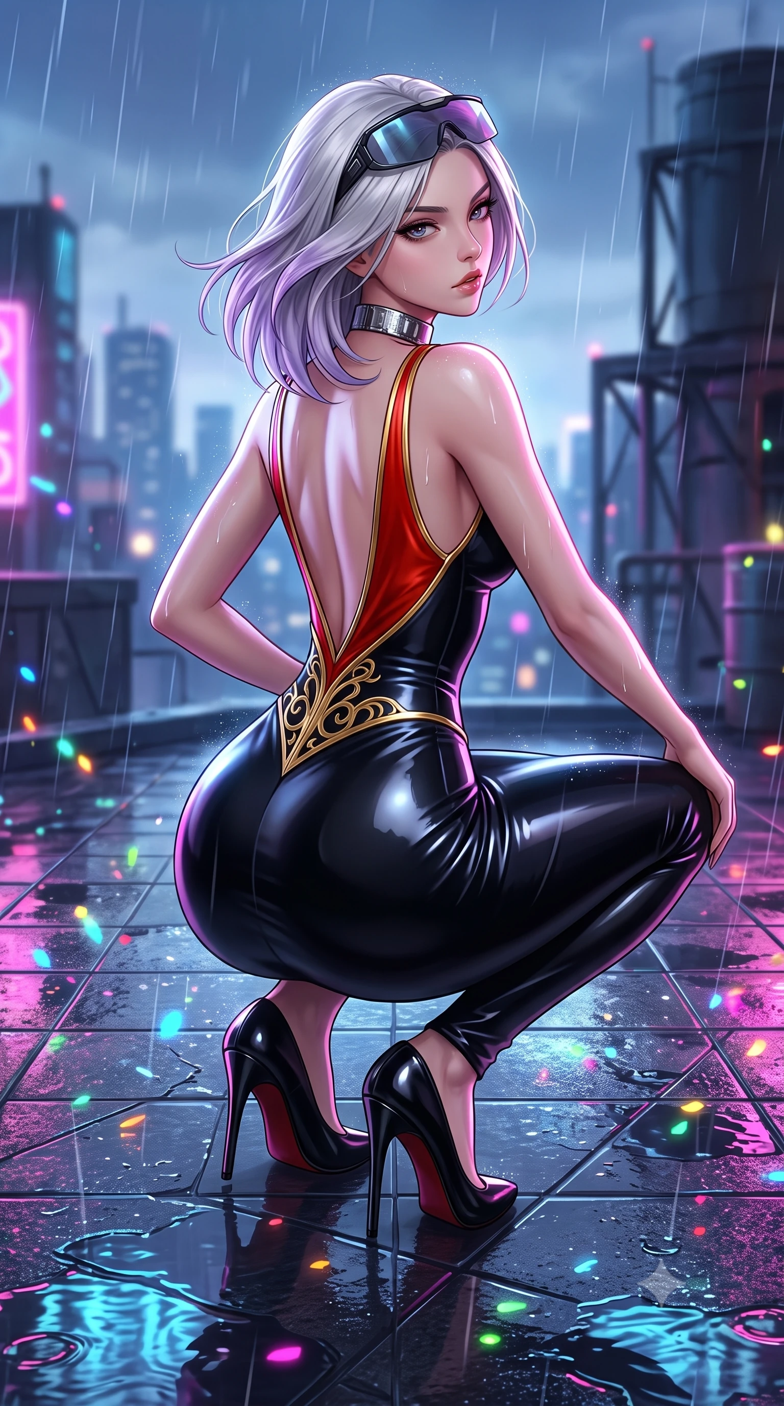 score_9, masterpiece, best quality, ultra-detailed, high-budget anime keyframe, semi-realistic 3D game render, editorial fashion photography, tasteful artistic composition, Caucasian woman. low angle full-body shot from head to toe showing her feet, filling the entire 9:16 vertical frame with her statuesque presence, stretching her vertical silhouette. posing with back turned slightly to the lens, glancing back with smoldering allure as she arches her lower back to emphasize her sculpted feminine hips and slender waist while crouching low on the wet tiled rooftop terrace with back turned slightly to the lens, glancing back with smoldering bedroom-eyes and parted lips. The composition keeps background elements in soft focus with creamy bokeh. falling raindrops and neon puddle reflections scattering vivid chromatic light motes across the deck. She has an absolutely perfect, statuesque 8.5-heads proportion, an exceptionally tall and slender model-like female figure with impossibly long slender legs, a toned flat midriff, an ultra-slim waist, and beautifully sculpted feminine hips. sharp v-shaped jawline, high-bridge nose, intricate jewel-like eyes with depth, thick eyelashes, glossy parted lips with a natural sheen, intensely captivating and seductive bedroom-eyes expression, flawlessly proportioned anatomical accuracy, strict slender model proportions, natural body alignment, perfectly sculpted long slender limbs, ultra-slim waistline, clean dynamic posture without body distortion. wearing a sleek obsidian column dress with gold filigree hip cincher and plunging backline in imperial vermilion red and liquid gold, tailored from second-skin aerodynamic stretch vinyl with specular wet sheen, accessorized with cyber-visor sunglasses resting on her brow and chunky silver choker, the form-contouring material adhering flawlessly to her sculpted flat midriff and slender torso, emphasizing her long leg lines and perfectly proportioned willowy build. illuminated by wet specular asphalt bounce lights sharply sculpting her narrow waist and rounded hips. highly saturated vibrant anime colors, detailed shading with soft gradients, rich glossy textures, high-contrast stereoscopic depth, volumetric dynamic lighting, master piece, 9:16 ratio